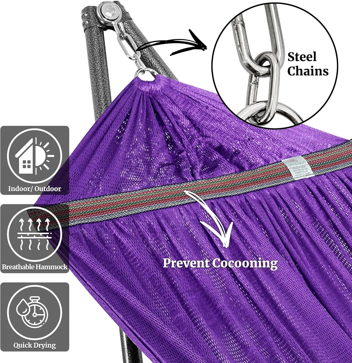 Tranquillo Double Hammock with Stand Included for 2 Persons/Foldable Hammock Stand 600 lbs Capacity Portable Case - Inhouse, Outdoor, Camping, Purple