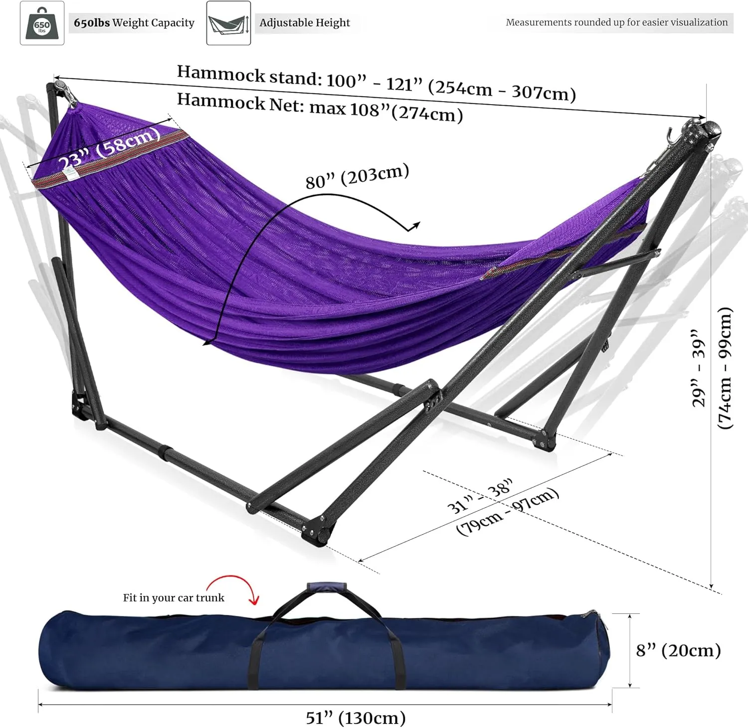 Tranquillo Double Hammock with Stand Included for 2 Persons/Foldable Hammock Stand 600 lbs Capacity Portable Case - Inhouse, Outdoor, Camping, Purple