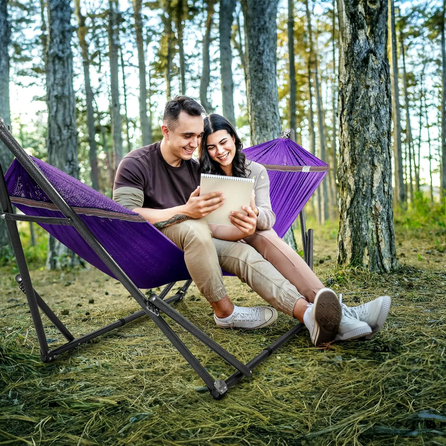 Tranquillo Double Hammock with Stand Included for 2 Persons/Foldable Hammock Stand 600 lbs Capacity Portable Case - Inhouse, Outdoor, Camping, Purple