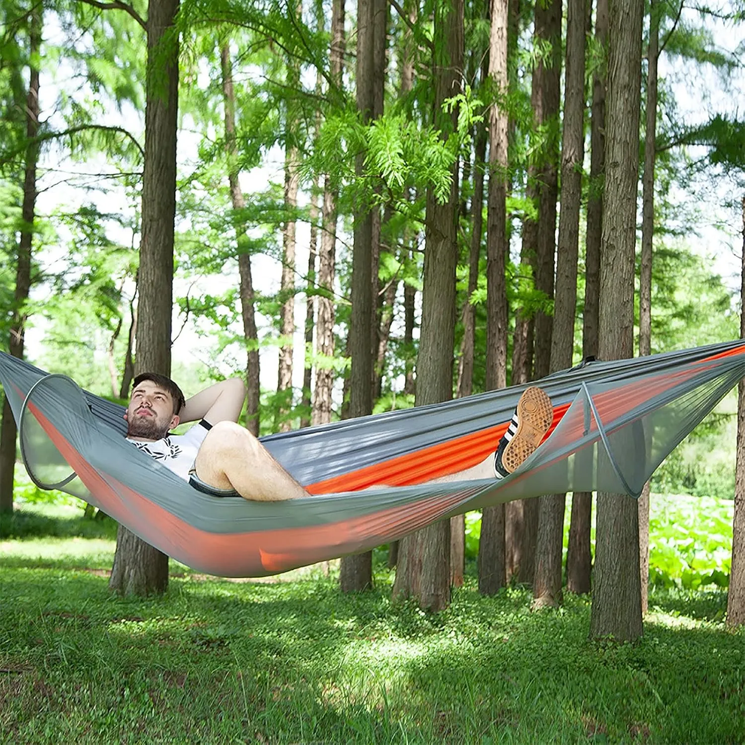 Travel Hammock with Mosquito Net, Lightweight Camping Hammock Hold Up to 200kg, Portable Outdoor Hammock for Camping Hiking Backpacking,Orange,250x120cm