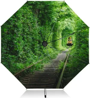 Travel Umbrella for Rain Windproof Scenic view the train the beautiful natural green railway tunnel Automatic Cute Portable Compact Umbrella for Women Purse Backpack Car Black Sun UV Protection