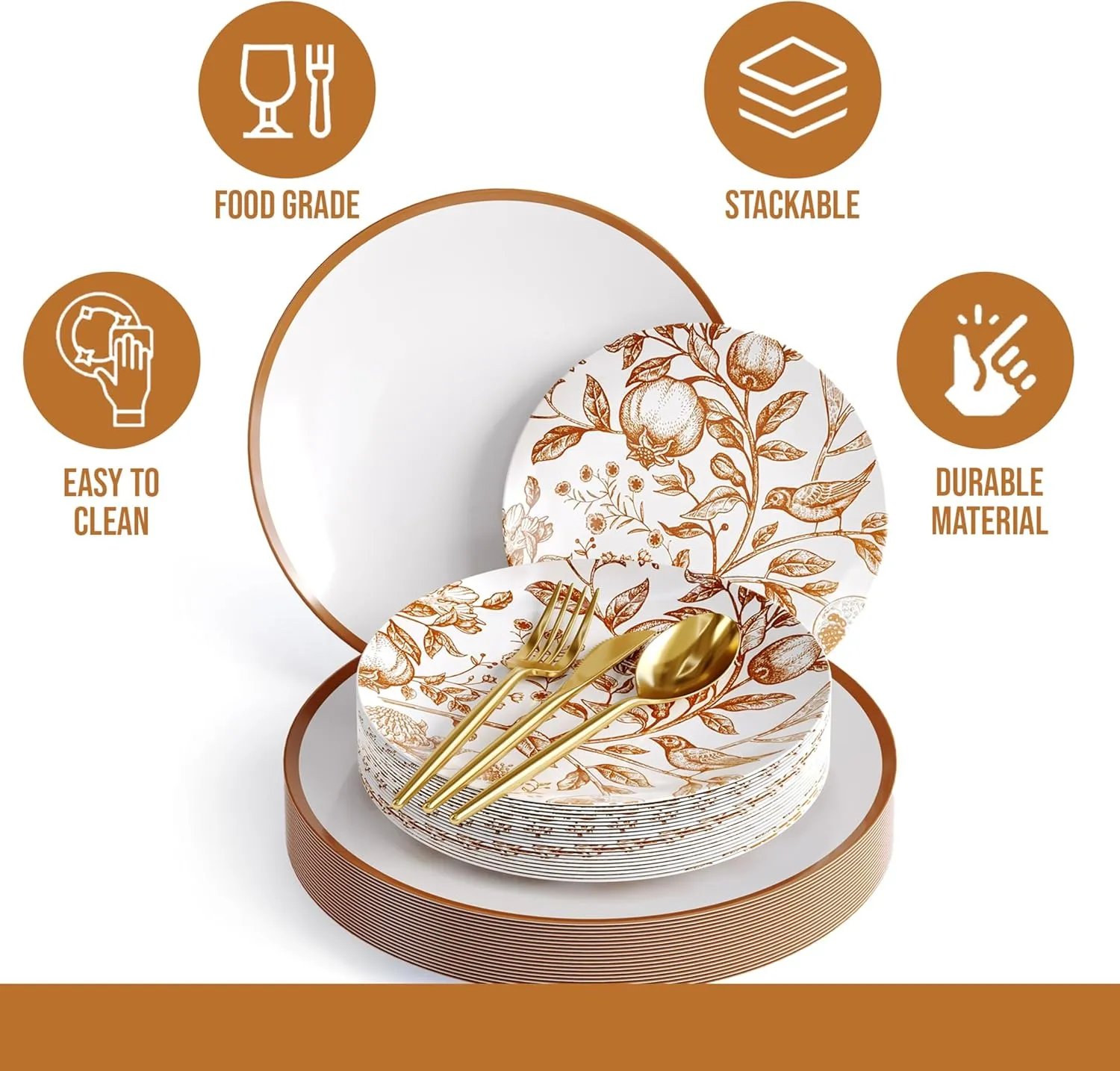 Trendables Fancy Plastic Dinnerware Sets 100 Pc Set 20 Guests Gold Silverware Disposable 20 X 10 Inch Charger Plates 20 X 8 Inch Dessert Plates 20 x Gold Plastic Forks and Spoons Knives In Pomegranate