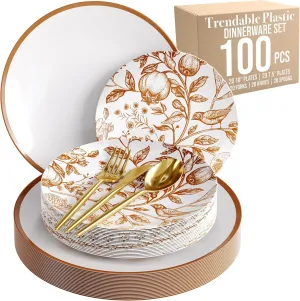 Trendables Fancy Plastic Dinnerware Sets 100 Pc Set 20 Guests Gold Silverware Disposable 20 X 10 Inch Charger Plates 20 X 8 Inch Dessert Plates 20 x Gold Plastic Forks and Spoons Knives In Pomegranate
