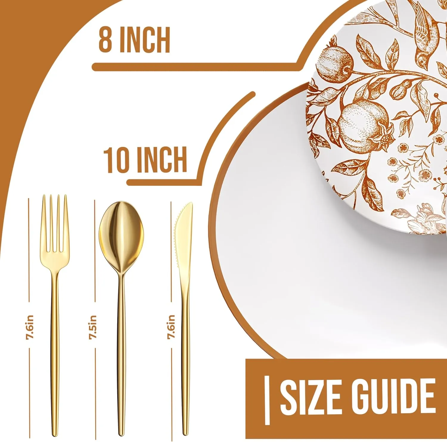 Trendables Fancy Plastic Dinnerware Sets 100 Pc Set 20 Guests Gold Silverware Disposable 20 X 10 Inch Charger Plates 20 X 8 Inch Dessert Plates 20 x Gold Plastic Forks and Spoons Knives In Pomegranate