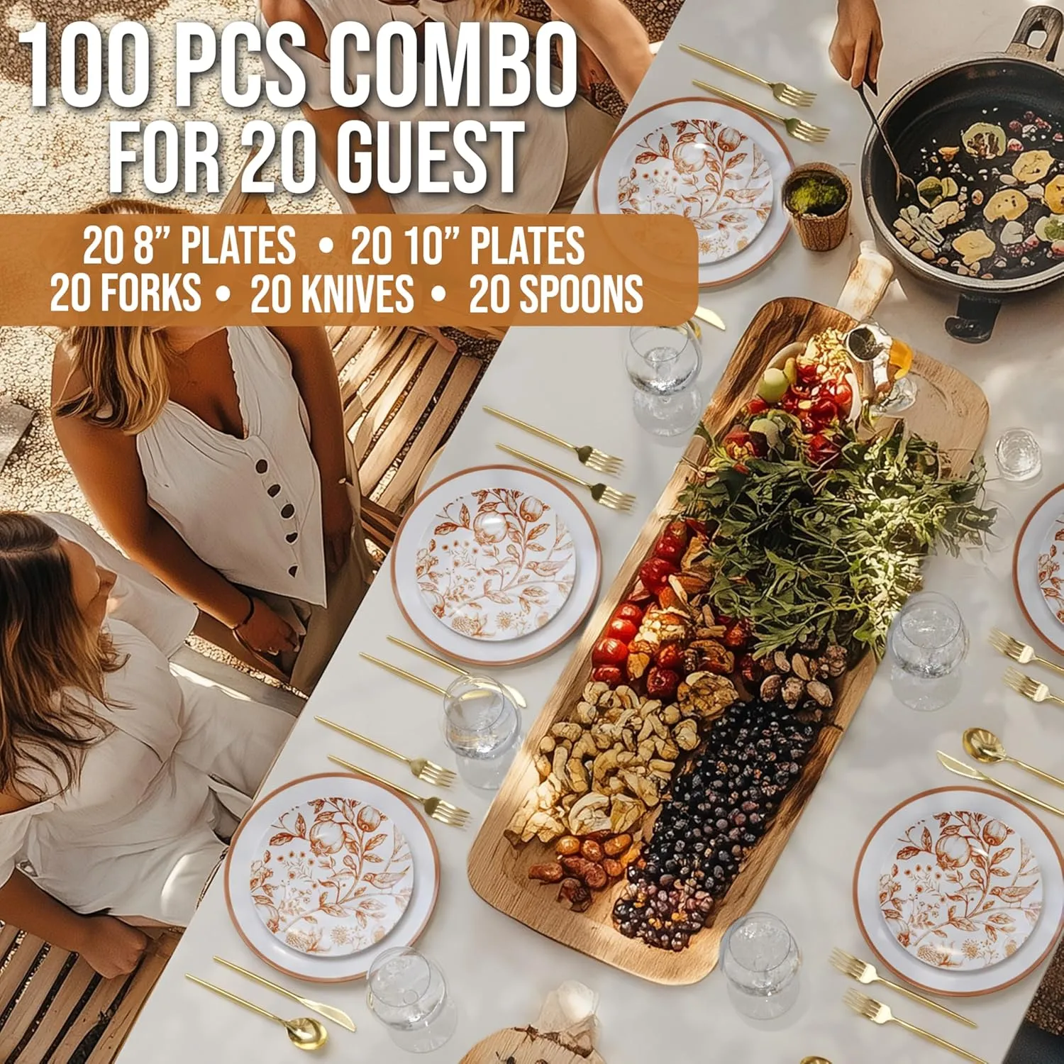 Trendables Fancy Plastic Dinnerware Sets 100 Pc Set 20 Guests Gold Silverware Disposable 20 X 10 Inch Charger Plates 20 X 8 Inch Dessert Plates 20 x Gold Plastic Forks and Spoons Knives In Pomegranate