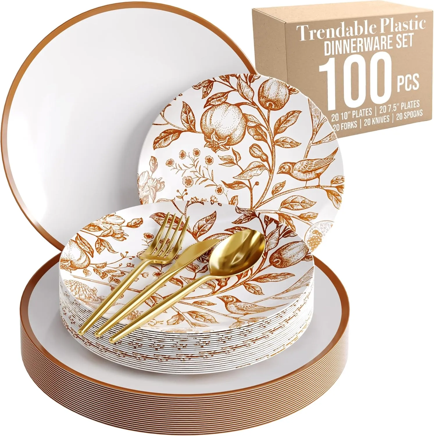 Trendables Fancy Plastic Dinnerware Sets 100 Pc Set 20 Guests Gold Silverware Disposable 20 X 10 Inch Charger Plates 20 X 8 Inch Dessert Plates 20 x Gold Plastic Forks and Spoons Knives In Pomegranate