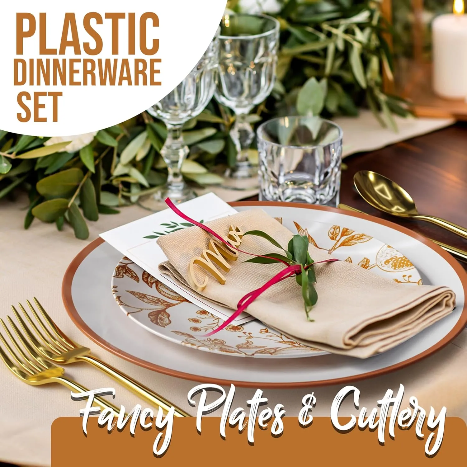 Trendables Fancy Plastic Dinnerware Sets 100 Pc Set 20 Guests Gold Silverware Disposable 20 X 10 Inch Charger Plates 20 X 8 Inch Dessert Plates 20 x Gold Plastic Forks and Spoons Knives In Pomegranate
