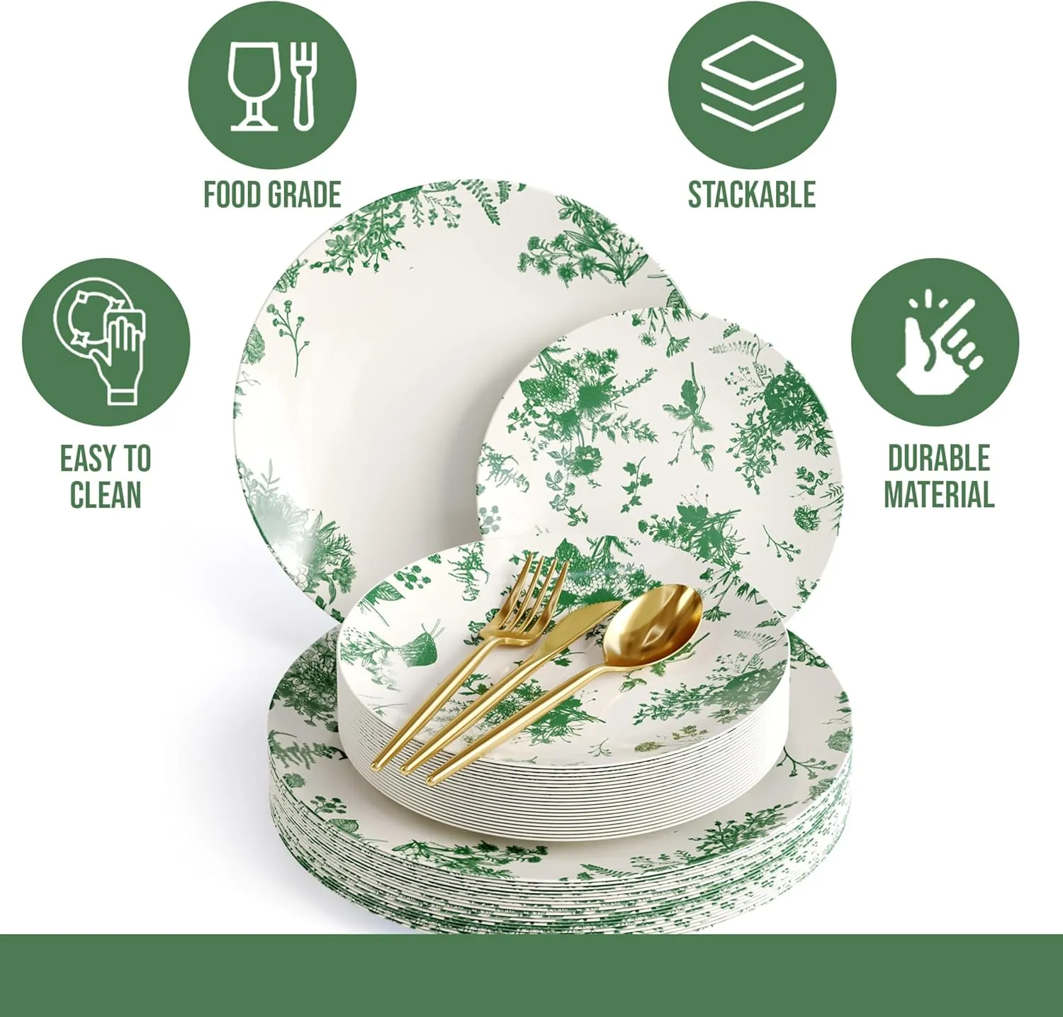Trendables Fancy Plastic Dinnerware Sets 200 Pc Set 40 Guests Gold Silverware Disposable 40 X 10 Inch Charger Plates 40 X 8 Inch Dessert Plates 40 x Gold Plastic Forks and Spoons Knives In Verdure