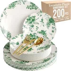 Trendables Fancy Plastic Dinnerware Sets 200 Pc Set 40 Guests Gold Silverware Disposable 40 X 10 Inch Charger Plates 40 X 8 Inch Dessert Plates 40 x Gold Plastic Forks and Spoons Knives In Verdure