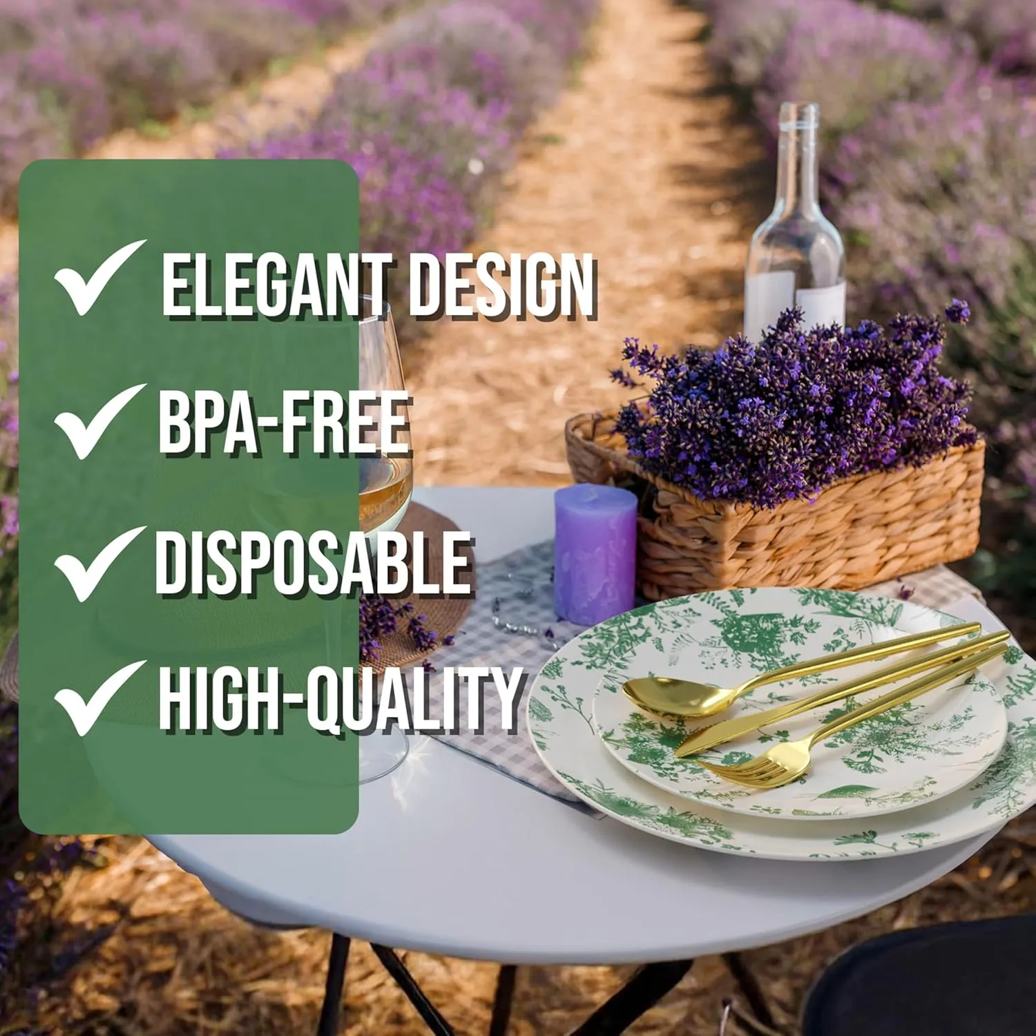 Trendables Fancy Plastic Dinnerware Sets 200 Pc Set 40 Guests Gold Silverware Disposable 40 X 10 Inch Charger Plates 40 X 8 Inch Dessert Plates 40 x Gold Plastic Forks and Spoons Knives In Verdure
