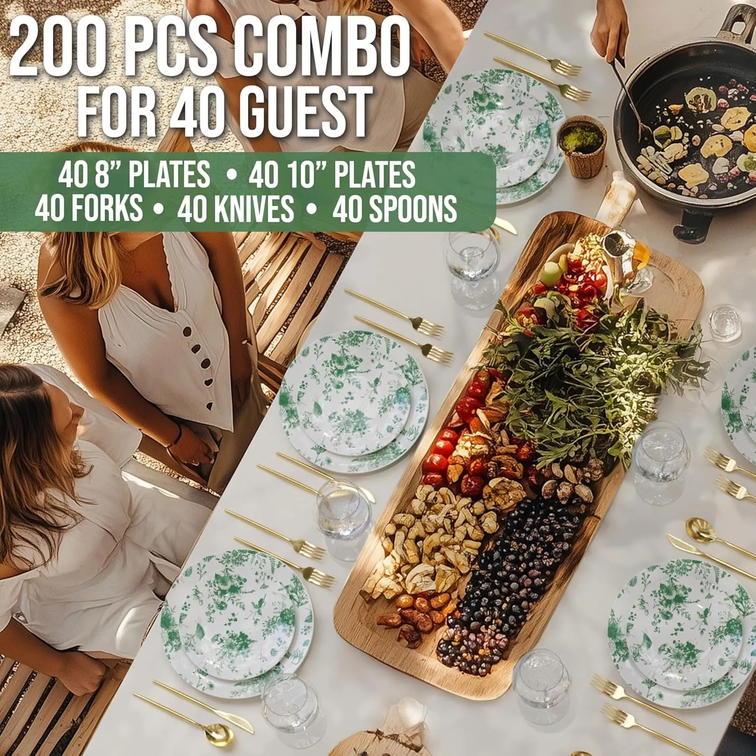 Trendables Fancy Plastic Dinnerware Sets 200 Pc Set 40 Guests Gold Silverware Disposable 40 X 10 Inch Charger Plates 40 X 8 Inch Dessert Plates 40 x Gold Plastic Forks and Spoons Knives In Verdure