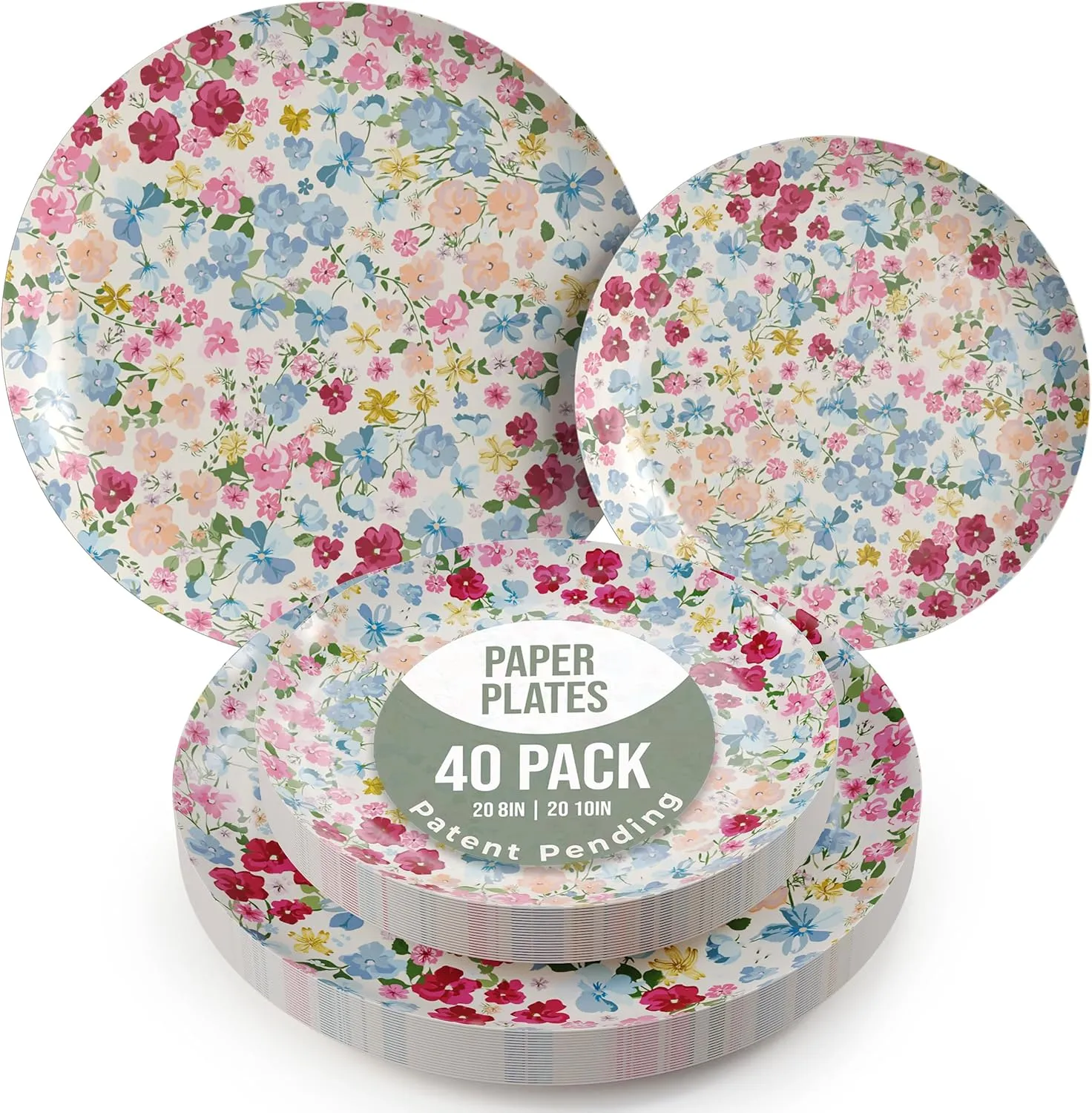 Trendables Floral Paper Plates 8.5 Inch & 10.5 Inch 40 Pcs Dinner Plate Set Fancy Disposable Plates for Party for 20 Guests 20 X 8 & 20 X 10 Large & Small Paper Plate Set for Parties Meadow