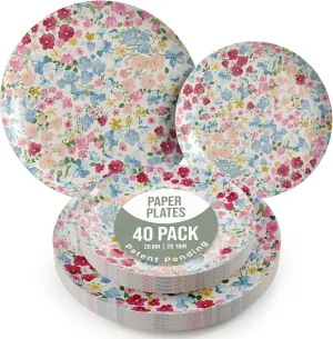 Trendables Floral Paper Plates 8.5 Inch & 10.5 Inch 40 Pcs Dinner Plate Set Fancy Disposable Plates for Party for 20 Guests 20 X 8 & 20 X 10 Large & Small Paper Plate Set for Parties Meadow