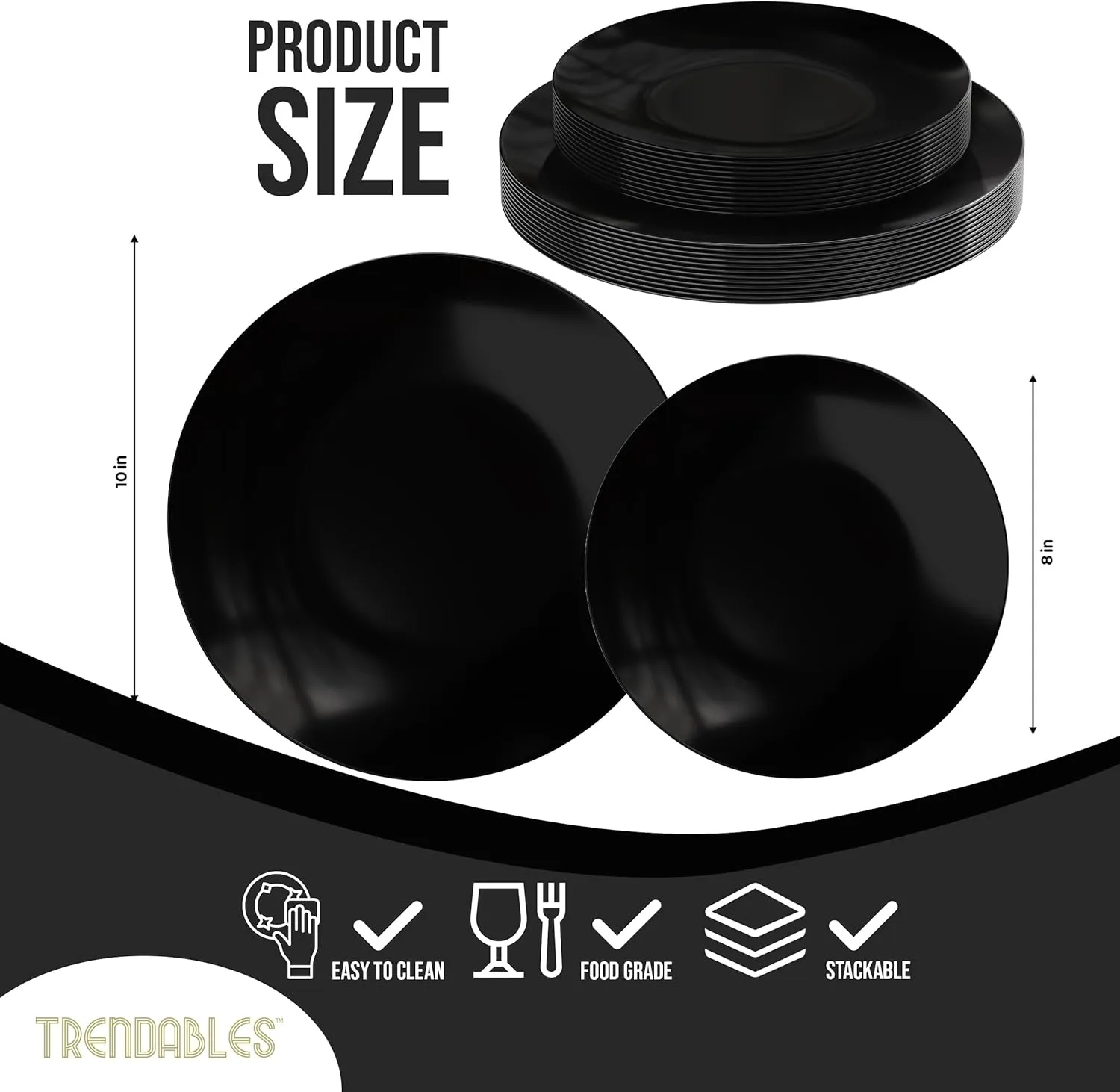 Trendables Plastic Dinnerware Set Plastic Plates 40 Piece Plastic Disposable Plates for Party Set - 20 Guests 20 X 8 Dessert Plates & 20 X 10 Plastic Plates Disposable Heavy Duty | Black