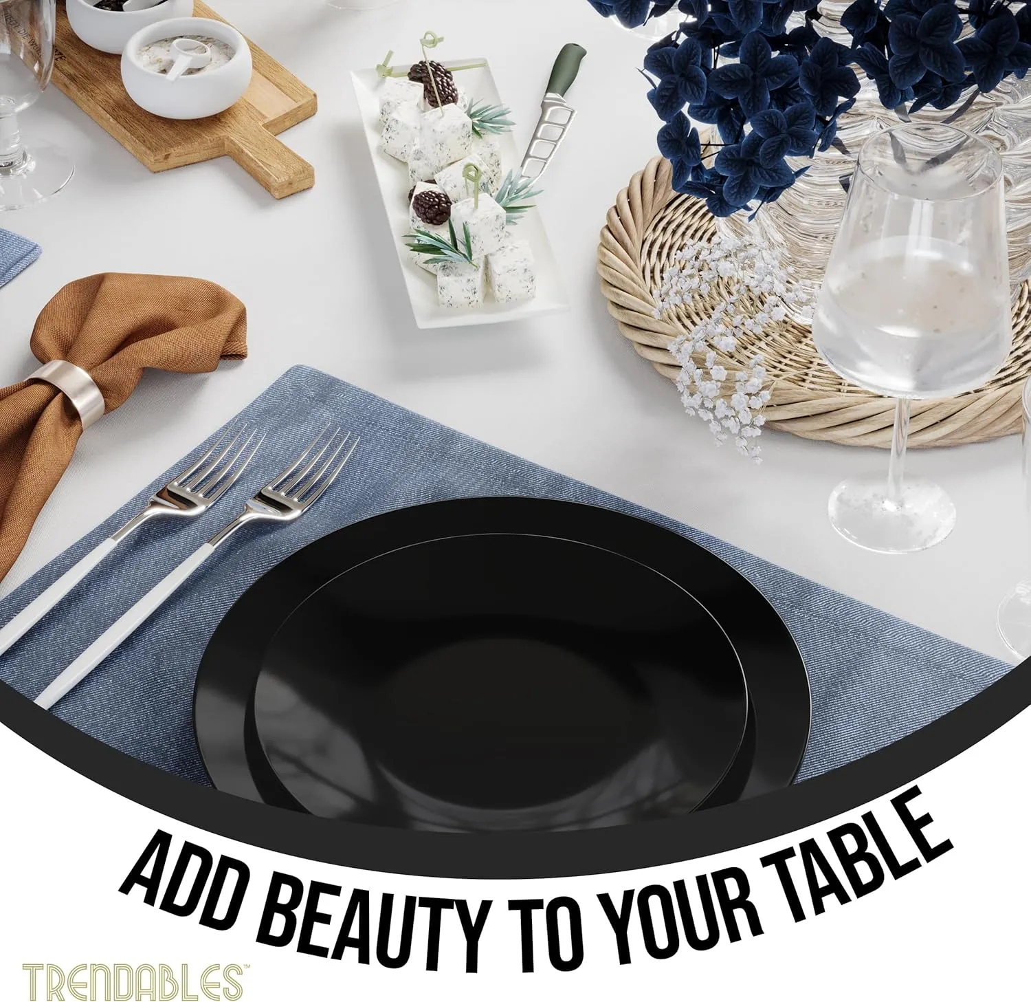 Trendables Plastic Dinnerware Set Plastic Plates 40 Piece Plastic Disposable Plates for Party Set - 20 Guests 20 X 8 Dessert Plates & 20 X 10 Plastic Plates Disposable Heavy Duty | Black