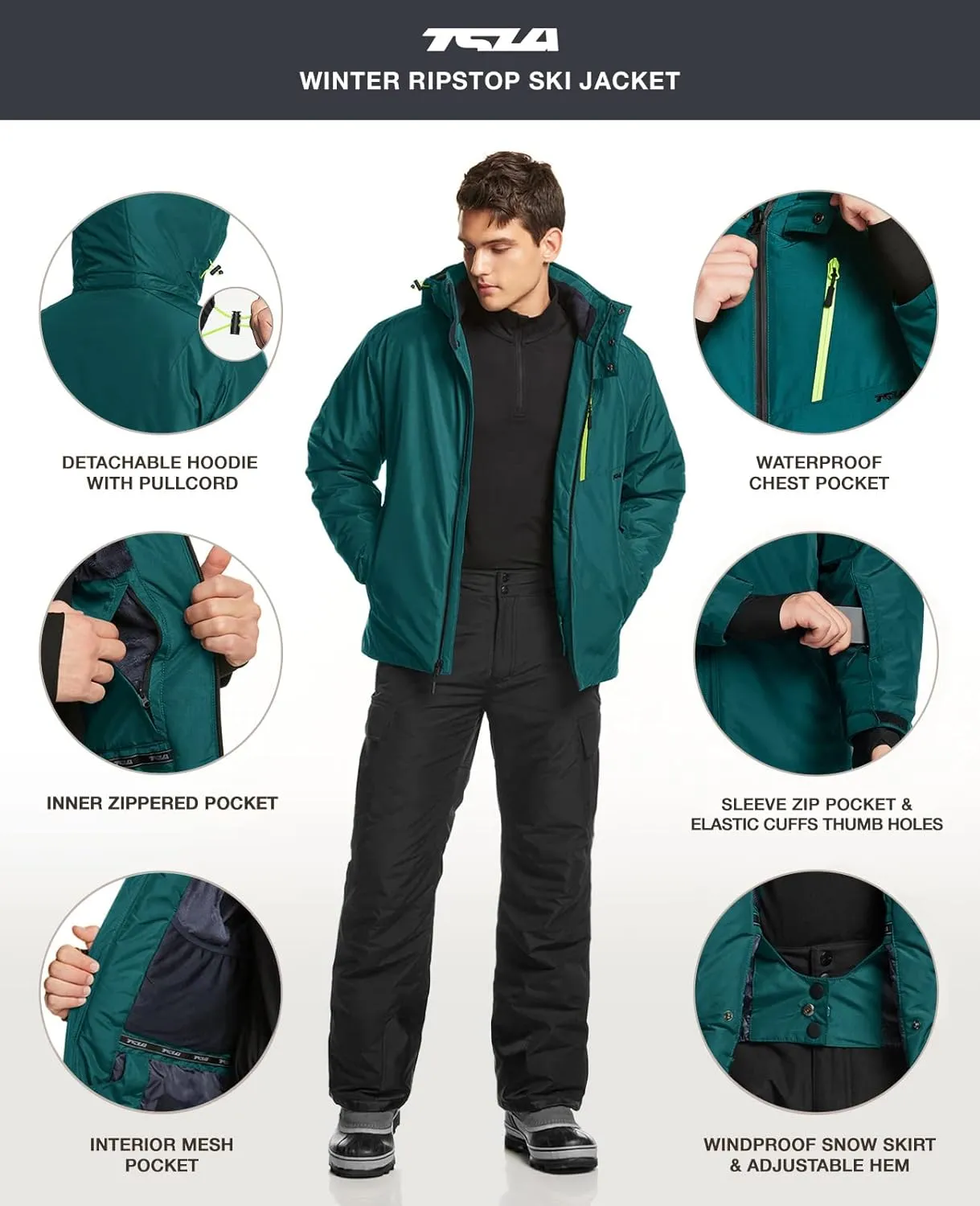 TSLA Men's Winter Ski Jacket, Waterproof Warm Insulated Snow Coats, Cold Weather Windproof Snowboard Jacket with Hood