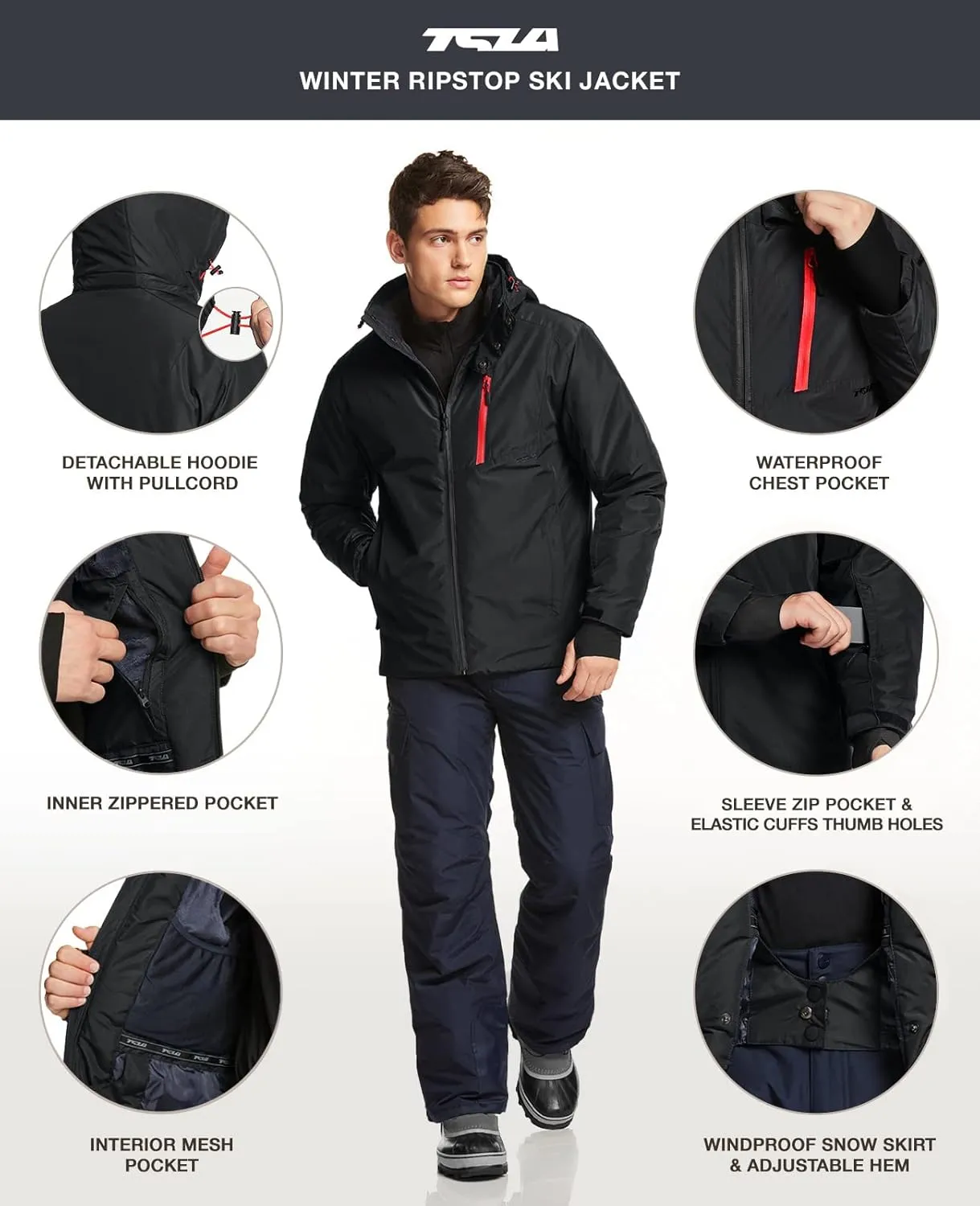 TSLA Men's Winter Ski Jacket, Waterproof Warm Insulated Snow Coats, Cold Weather Windproof Snowboard Jacket with Hood