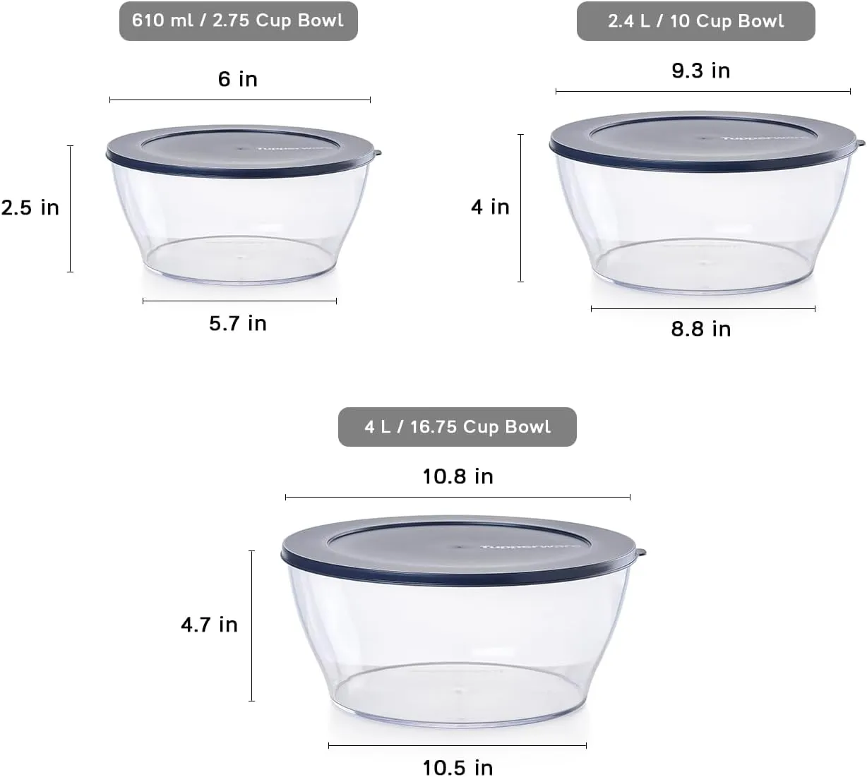 Tupperware Crystal Clear Store & Serve Collection 6 Piece Tritan/Copolyester Food Storage Container Set, Dishwasher Safe and BPA Free (3 Bowls, 3 Lids)