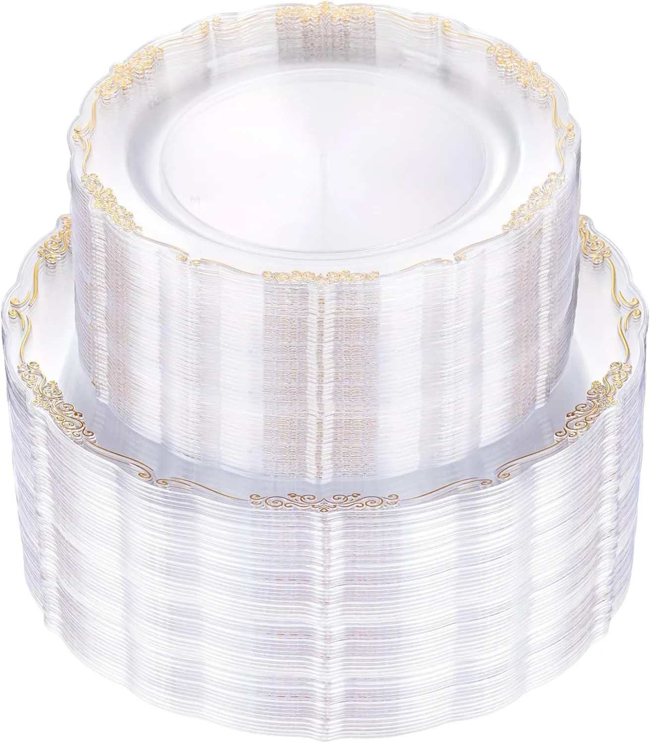 U-QE 100PCS Clear Gold Plastic Plates - Disposable Heavy Duty Clear Plates with Gold Rim Including 50PCS 10.25'' & 50PCS 7.5'' Perfect for Party, Weddings