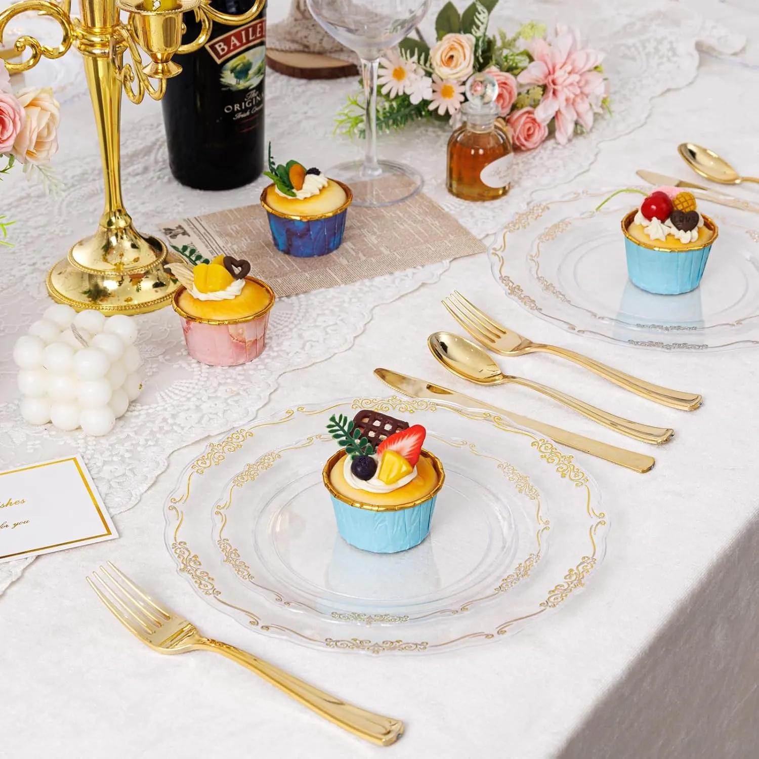 U-QE 100PCS Clear Gold Plastic Plates - Disposable Heavy Duty Clear Plates with Gold Rim Including 50PCS 10.25'' & 50PCS 7.5'' Perfect for Party, Weddings