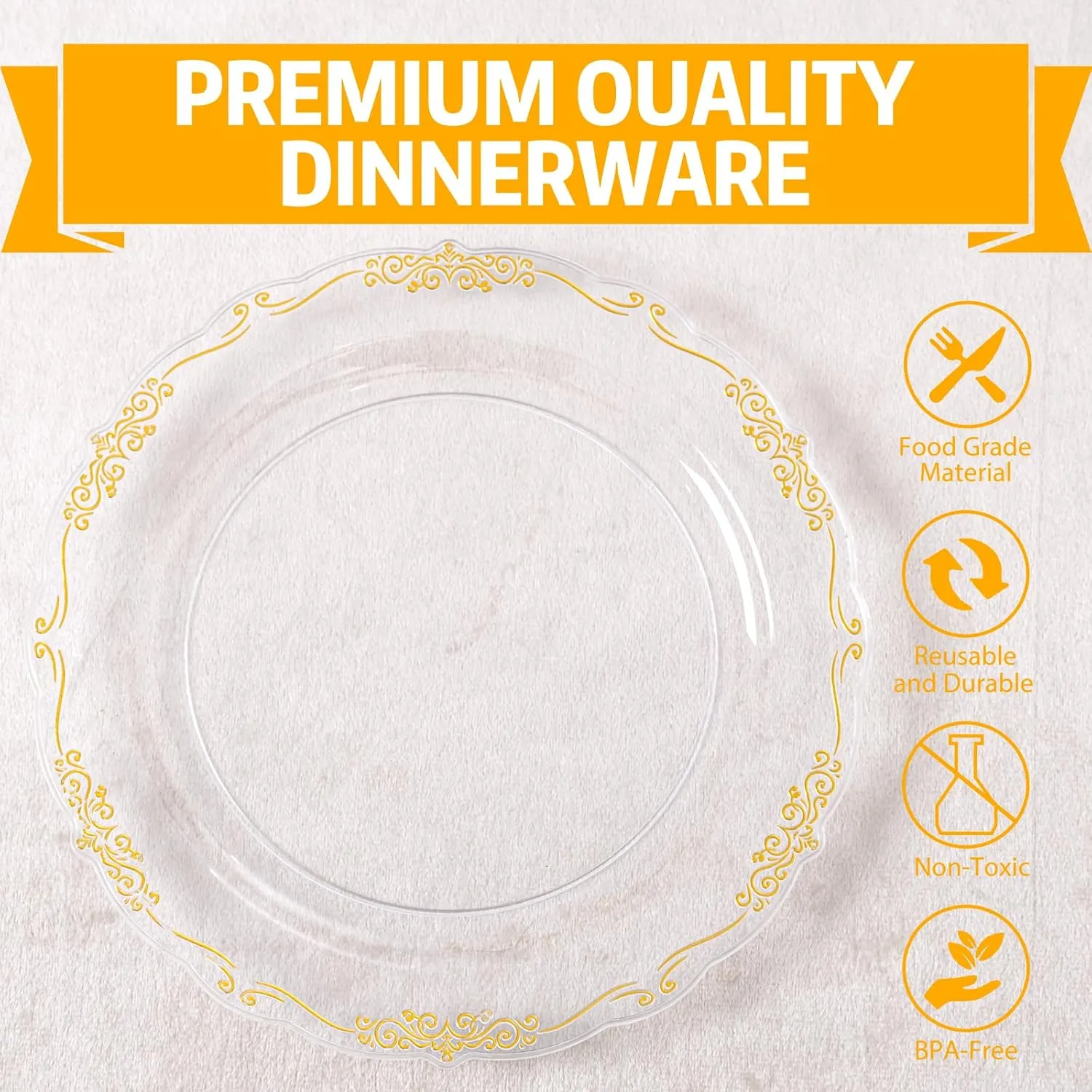 U-QE 100PCS Clear Gold Plastic Plates - Disposable Heavy Duty Clear Plates with Gold Rim Including 50PCS 10.25'' & 50PCS 7.5'' Perfect for Party, Weddings