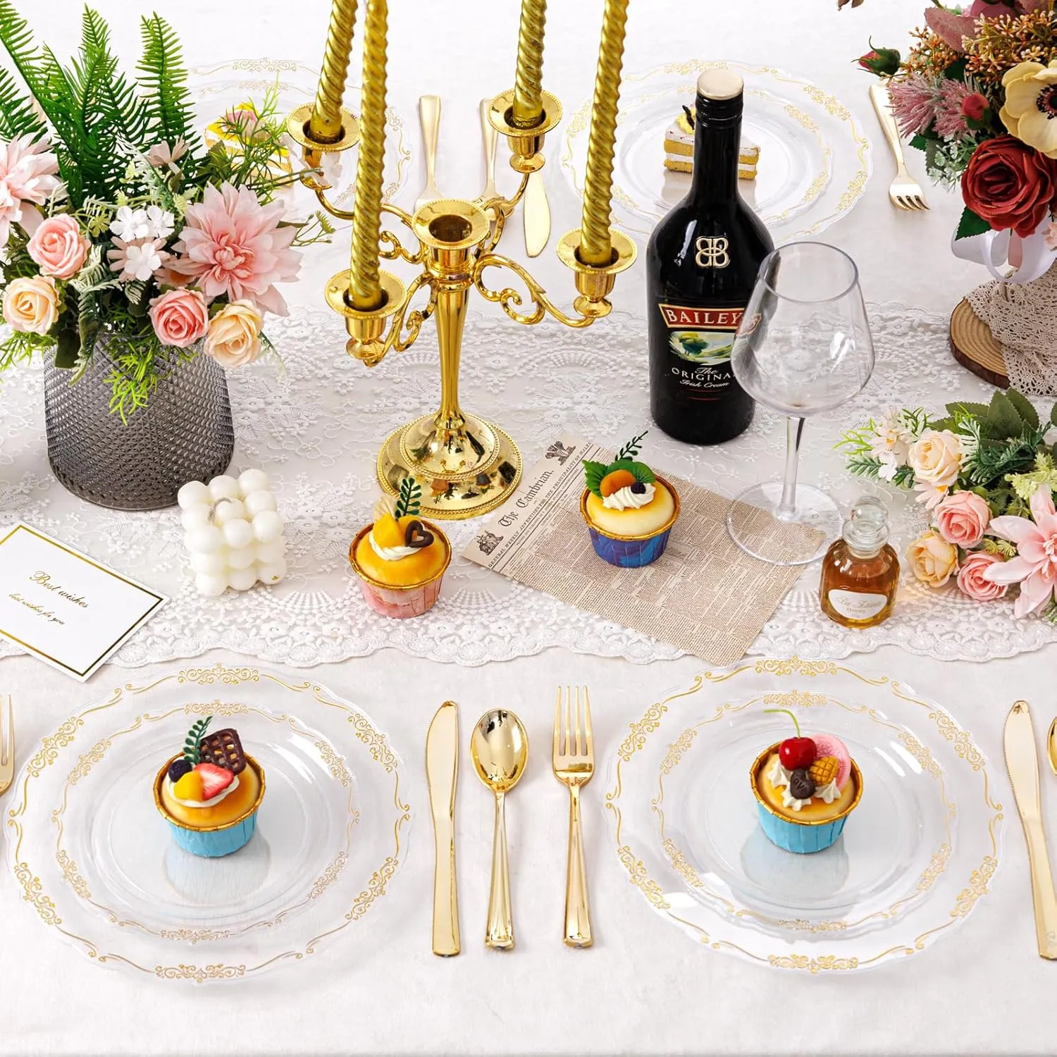 U-QE 100PCS Clear Gold Plastic Plates - Disposable Heavy Duty Clear Plates with Gold Rim Including 50PCS 10.25'' & 50PCS 7.5'' Perfect for Party, Weddings