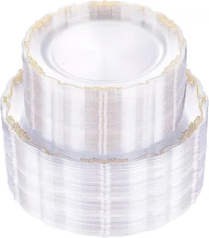U-QE 100PCS Clear Gold Plastic Plates - Disposable Heavy Duty Clear Plates with Gold Rim Including 50PCS 10.25'' & 50PCS 7.5'' Perfect for Party, Weddings