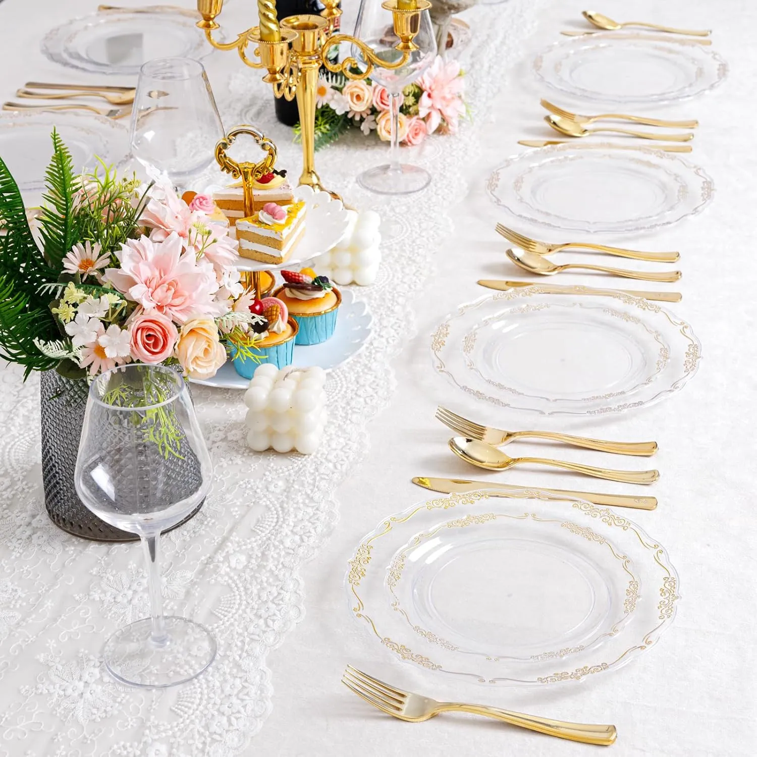 U-QE 100PCS Clear Gold Plastic Plates - Disposable Heavy Duty Clear Plates with Gold Rim Including 50PCS 10.25'' & 50PCS 7.5'' Perfect for Party, Weddings