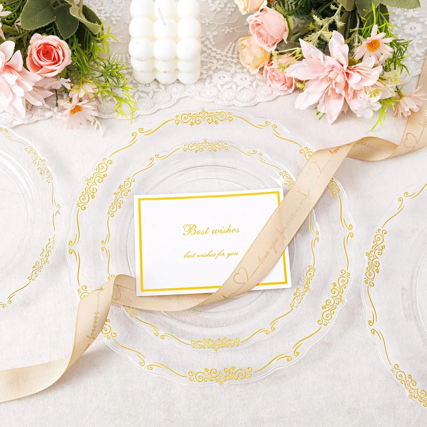 U-QE 100PCS Clear Gold Plastic Plates - Disposable Heavy Duty Clear Plates with Gold Rim Including 50PCS 10.25'' & 50PCS 7.5'' Perfect for Party, Weddings