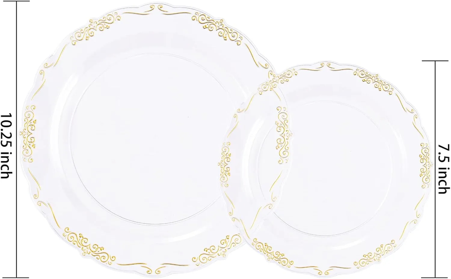 U-QE 100PCS Clear Gold Plastic Plates - Disposable Heavy Duty Clear Plates with Gold Rim Including 50PCS 10.25'' & 50PCS 7.5'' Perfect for Party, Weddings