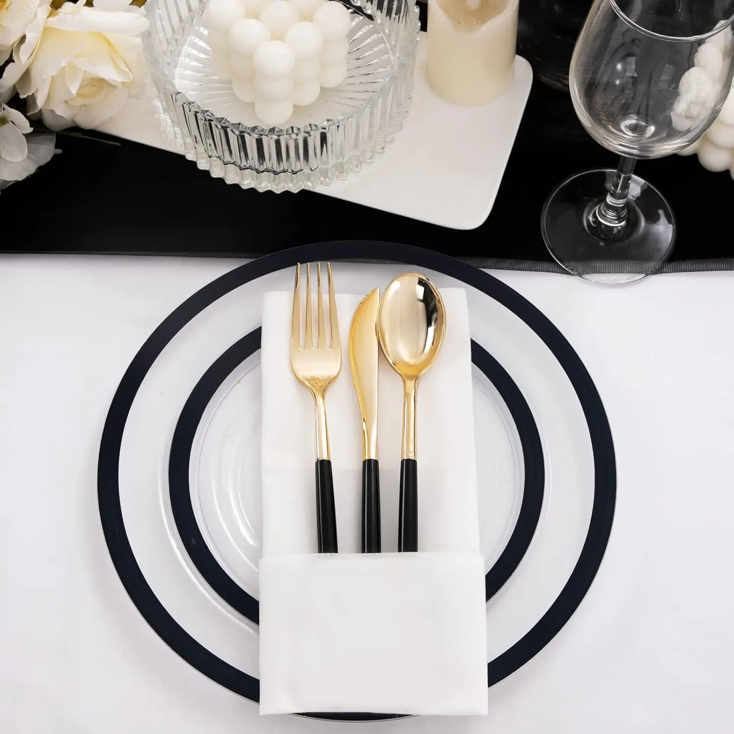 U-QE 120pcs Black Plates Disposable for Party - Clear Plastic Plates Disposable Heavy Duty - Plastic Party Plates Including 60 Dinner Plates 10” & 60 Appetizer/Dessert Plates 7"