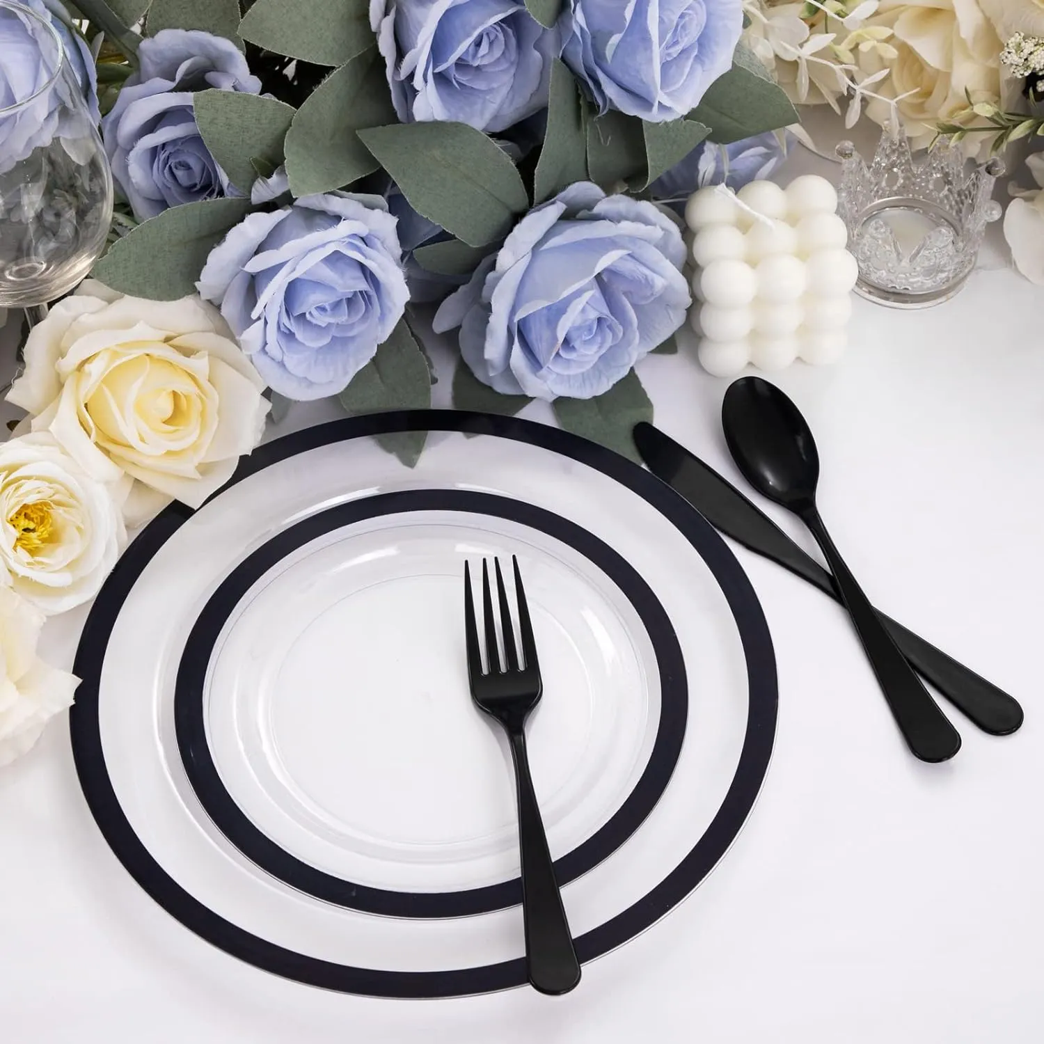 U-QE 120pcs Black Plates Disposable for Party - Clear Plastic Plates Disposable Heavy Duty - Plastic Party Plates Including 60 Dinner Plates 10” & 60 Appetizer/Dessert Plates 7"