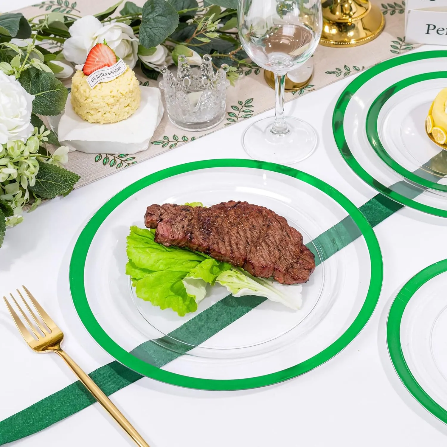U-QE 120PCS Clear Green Plastic Plates - Clear Plastic Plates Disposable Heavy Duty- Include 60 10” Dinner Plates and 60 7” Dessert Plates, Perfect for Party, Wedding