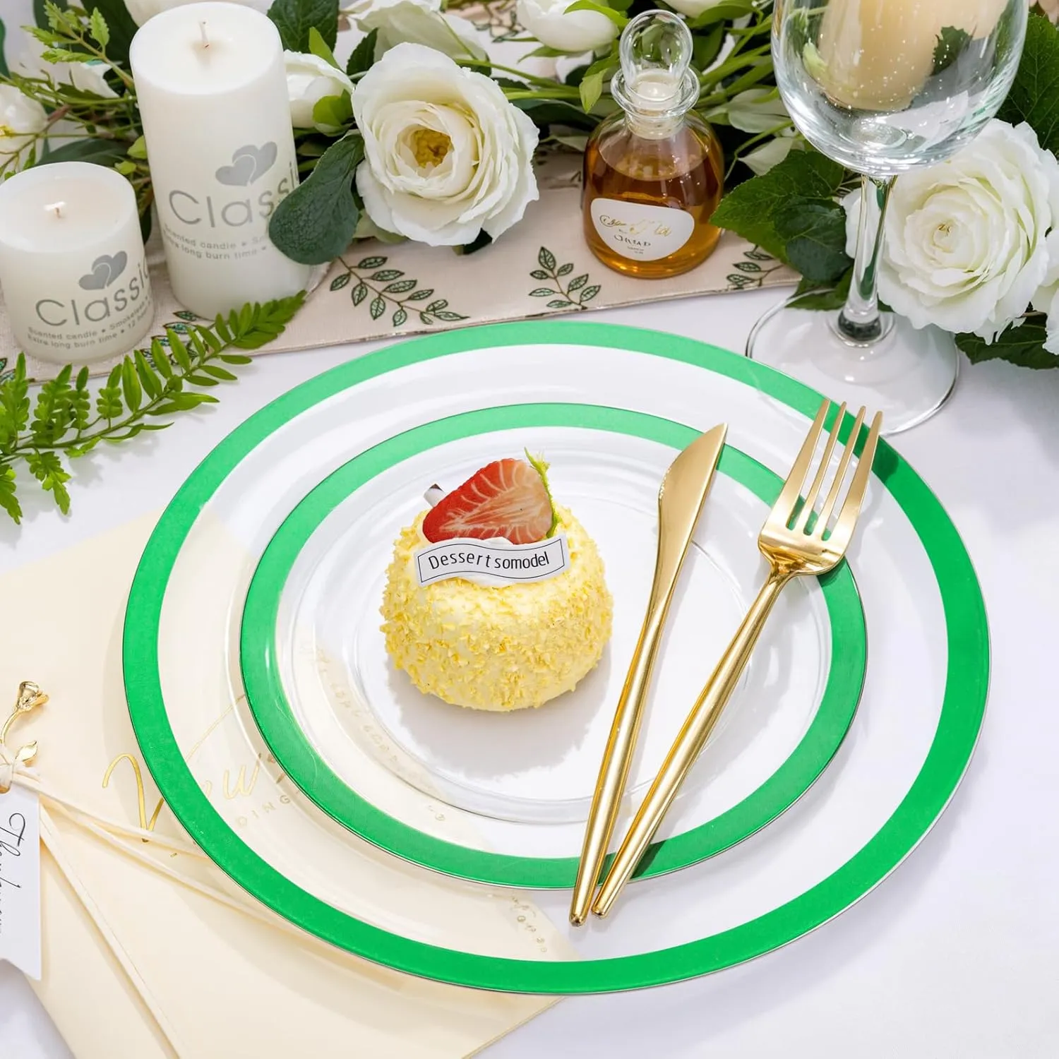 U-QE 120PCS Clear Green Plastic Plates - Clear Plastic Plates Disposable Heavy Duty- Include 60 10” Dinner Plates and 60 7” Dessert Plates, Perfect for Party, Wedding
