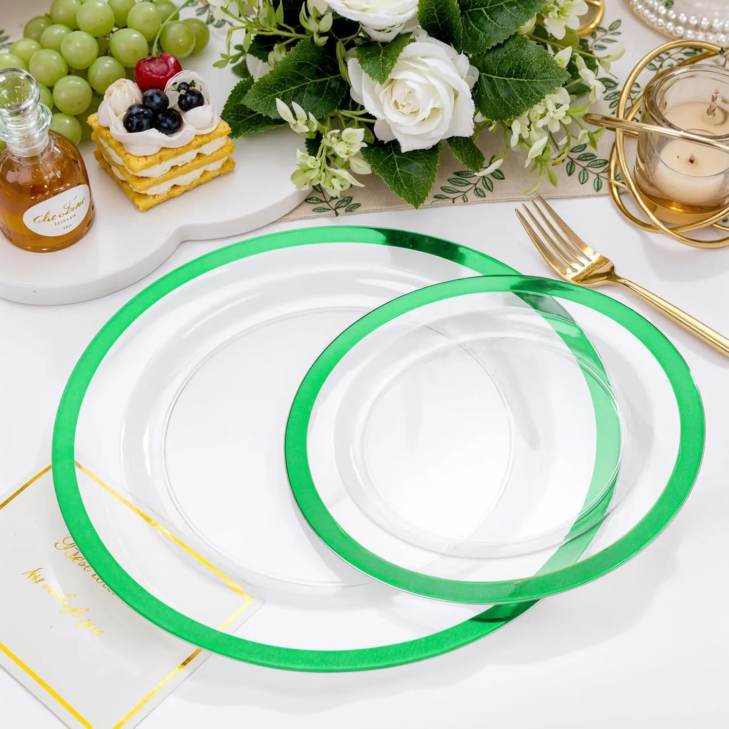 U-QE 120PCS Clear Green Plastic Plates - Clear Plastic Plates Disposable Heavy Duty- Include 60 10” Dinner Plates and 60 7” Dessert Plates, Perfect for Party, Wedding