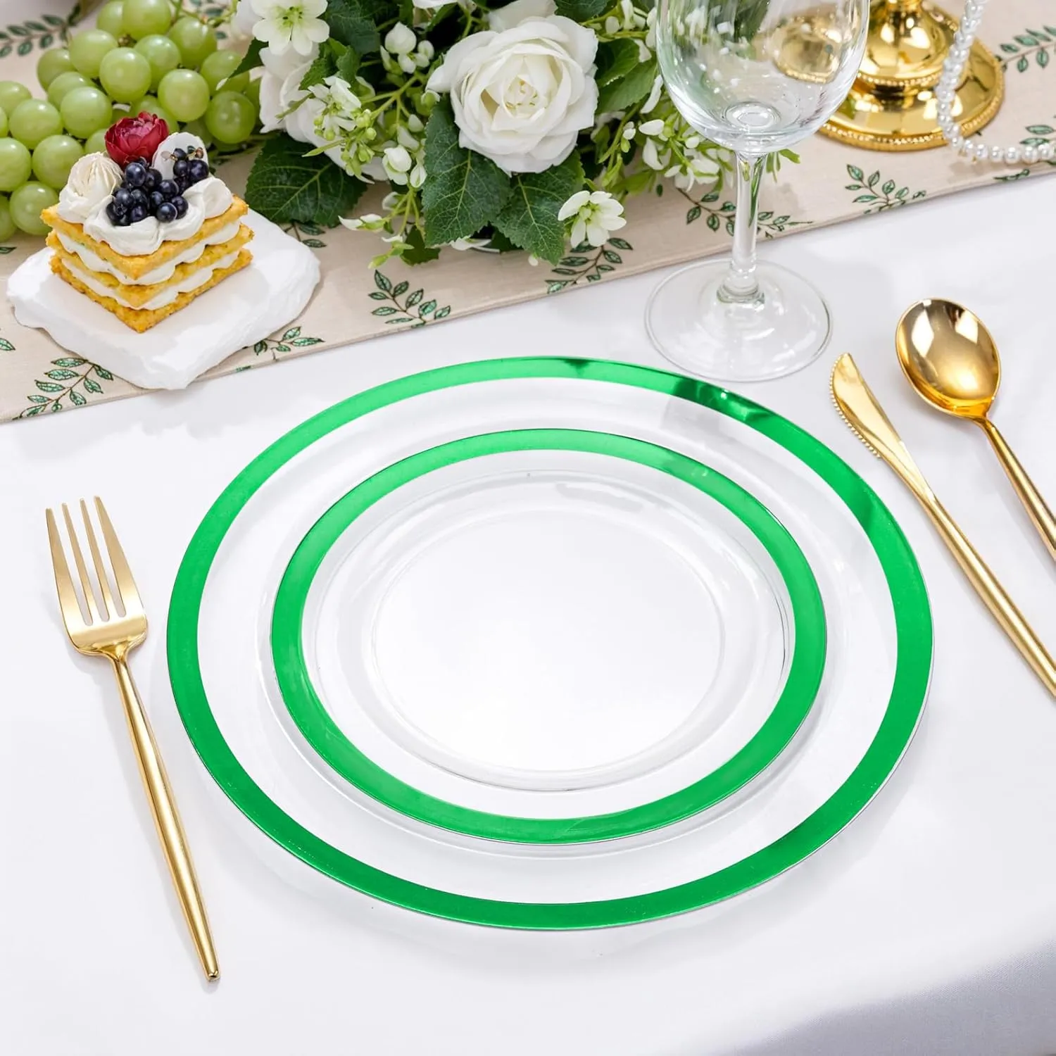 U-QE 120PCS Clear Green Plastic Plates - Clear Plastic Plates Disposable Heavy Duty- Include 60 10” Dinner Plates and 60 7” Dessert Plates, Perfect for Party, Wedding
