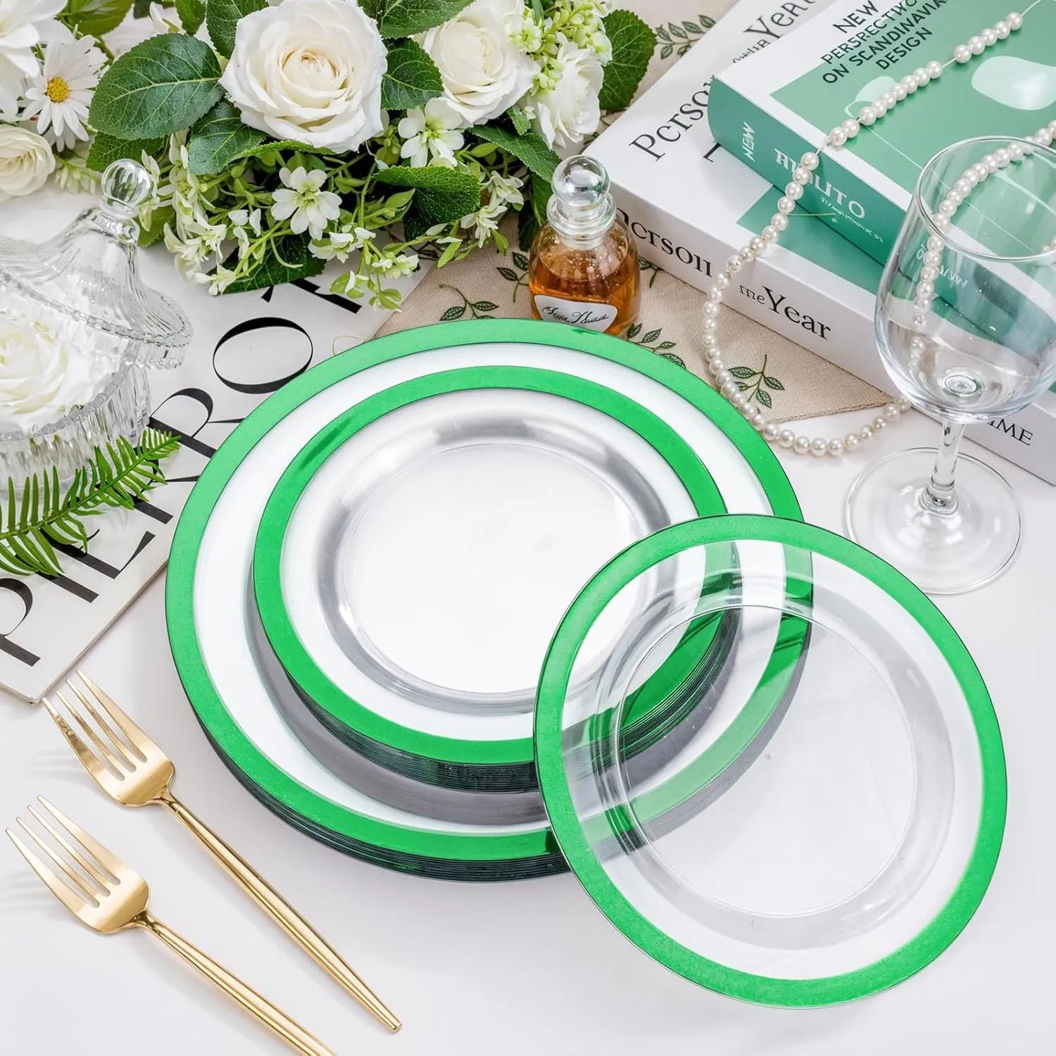 U-QE 120PCS Clear Green Plastic Plates - Clear Plastic Plates Disposable Heavy Duty- Include 60 10” Dinner Plates and 60 7” Dessert Plates, Perfect for Party, Wedding
