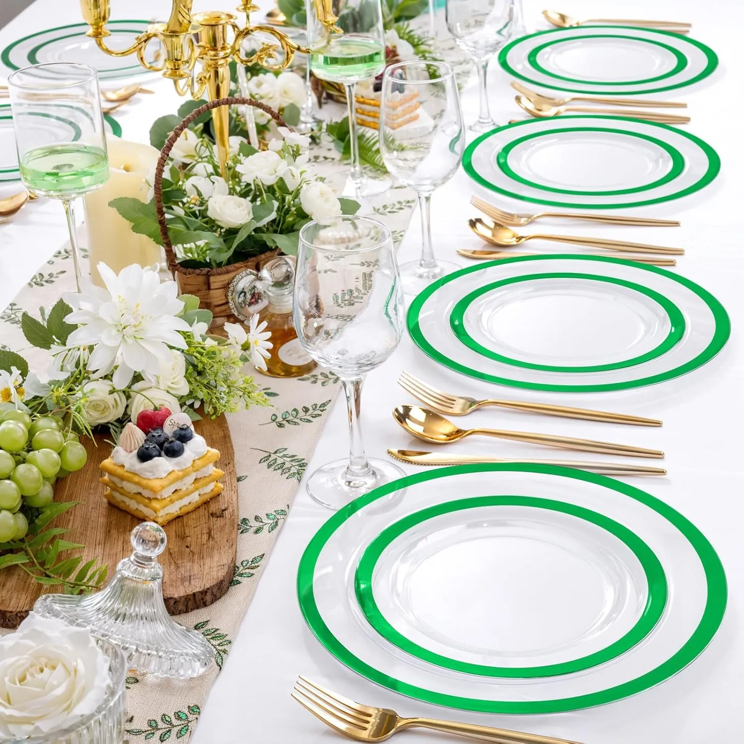 U-QE 120PCS Clear Green Plastic Plates - Clear Plastic Plates Disposable Heavy Duty- Include 60 10” Dinner Plates and 60 7” Dessert Plates, Perfect for Party, Wedding