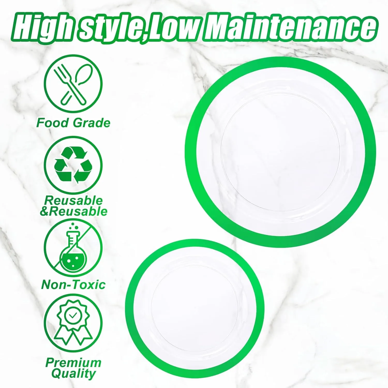 U-QE 120PCS Clear Green Plastic Plates - Clear Plastic Plates Disposable Heavy Duty- Include 60 10” Dinner Plates and 60 7” Dessert Plates, Perfect for Party, Wedding