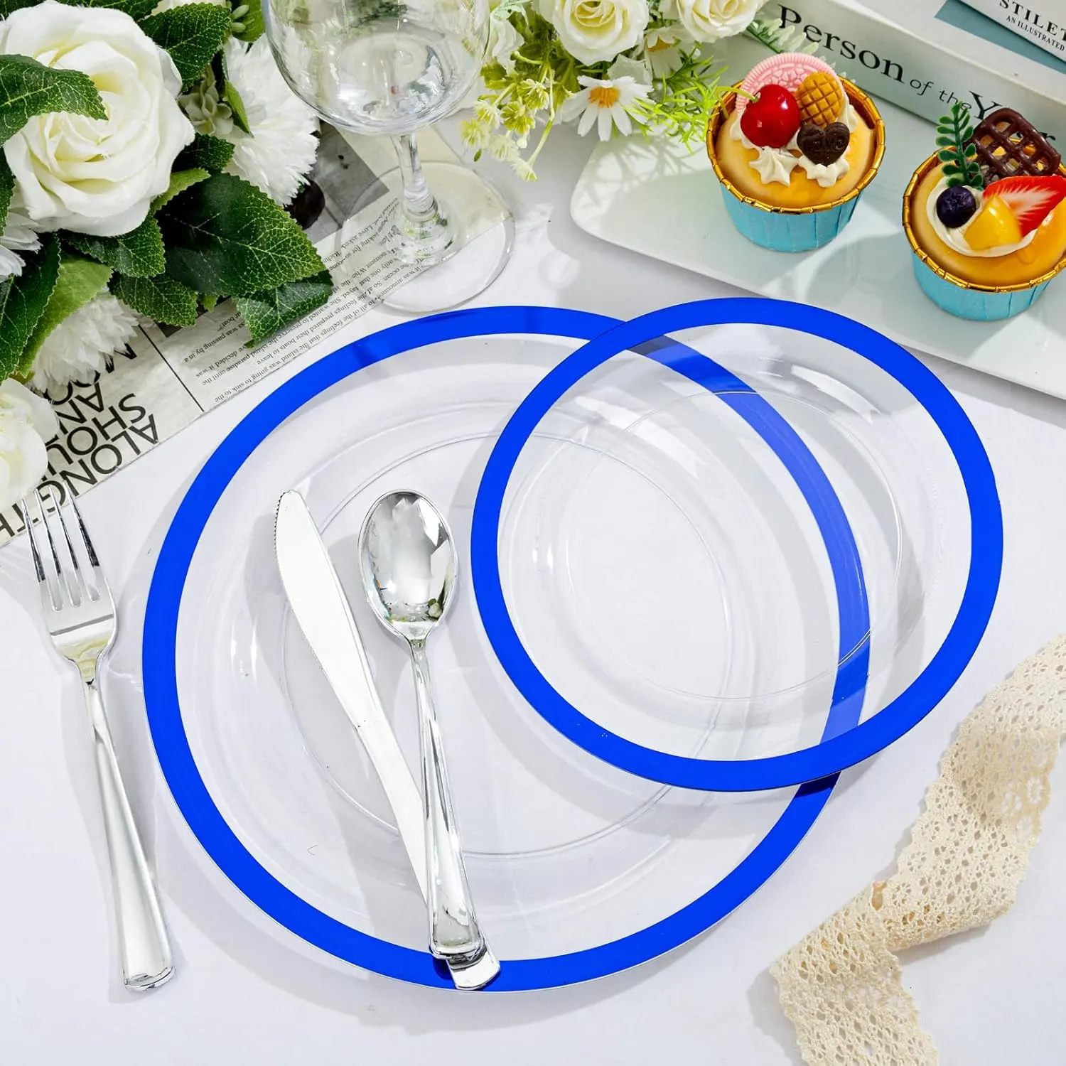 U-QE 120pcs Royal Blue Plastic Plates - Clear Disposable Plates Heavy Duty - Includes 60 10" Dinner & 60 7" Dessert Plates for Party, Birthday and Memorial Day