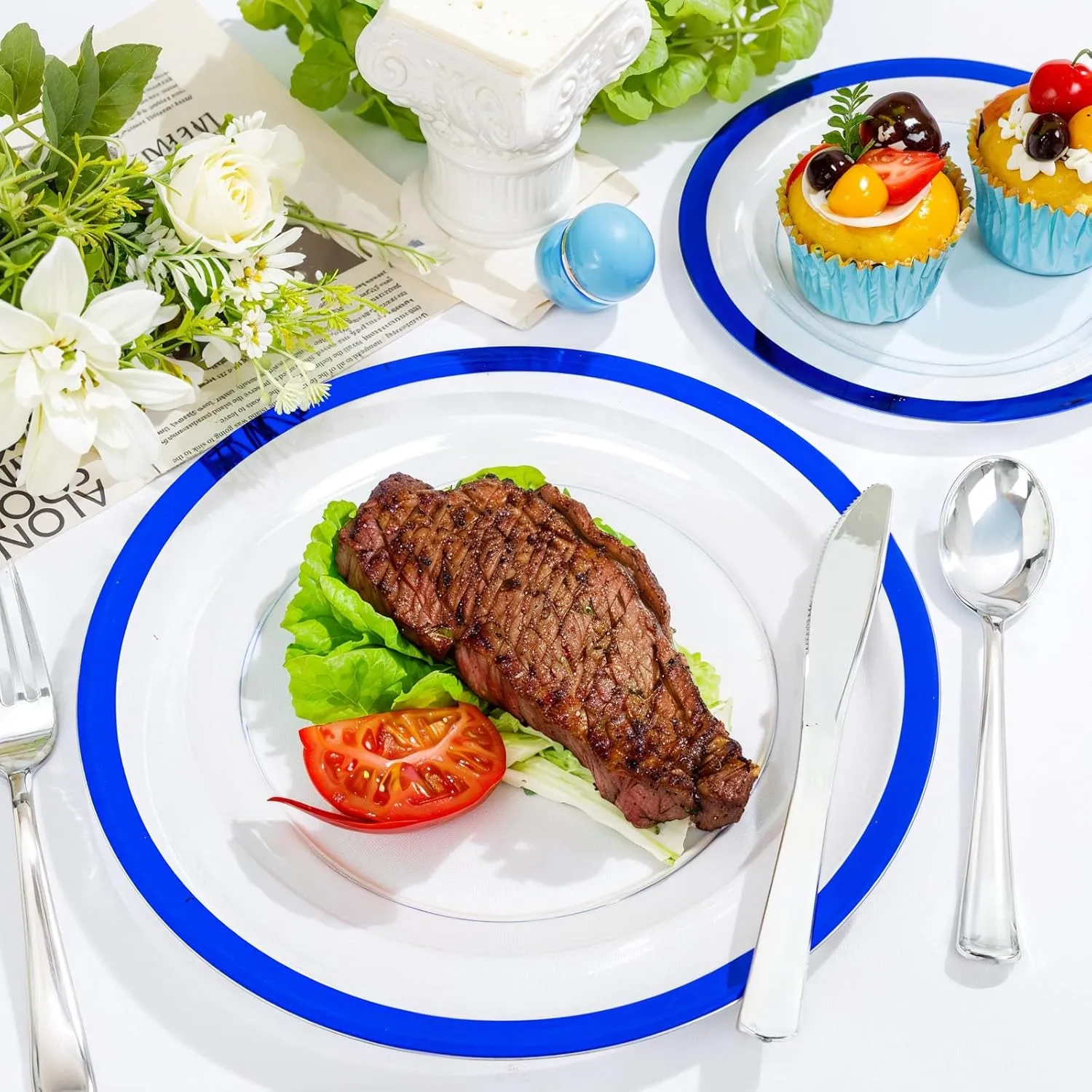 U-QE 120pcs Royal Blue Plastic Plates - Clear Disposable Plates Heavy Duty - Includes 60 10" Dinner & 60 7" Dessert Plates for Party, Birthday and Memorial Day