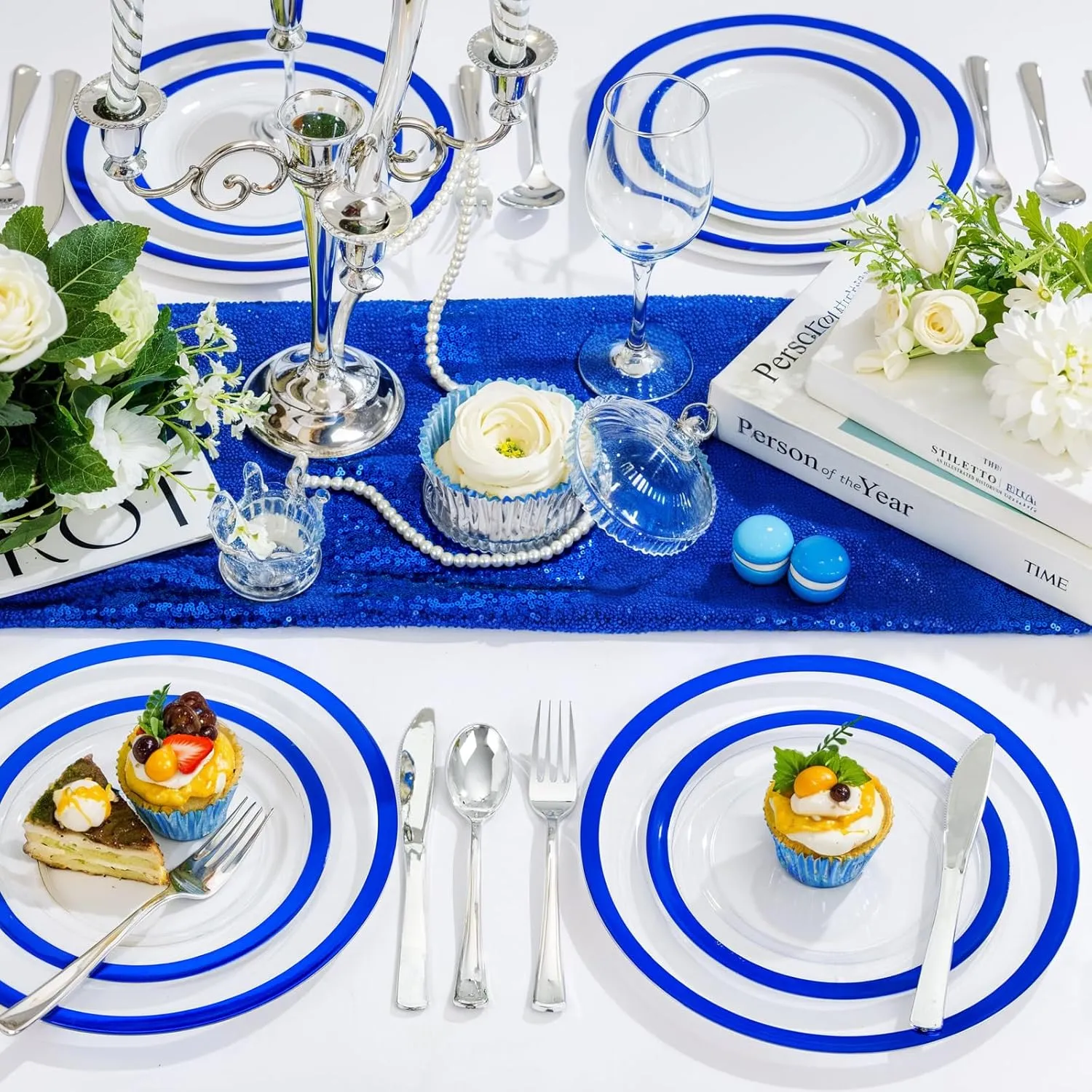 U-QE 120pcs Royal Blue Plastic Plates - Clear Disposable Plates Heavy Duty - Includes 60 10" Dinner & 60 7" Dessert Plates for Party, Birthday and Memorial Day