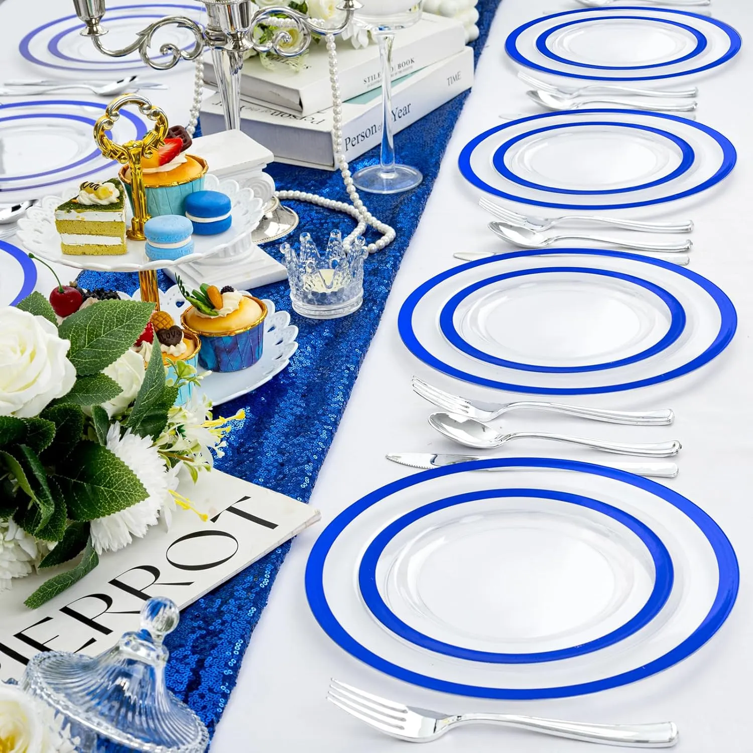 U-QE 120pcs Royal Blue Plastic Plates - Clear Disposable Plates Heavy Duty - Includes 60 10" Dinner & 60 7" Dessert Plates for Party, Birthday and Memorial Day
