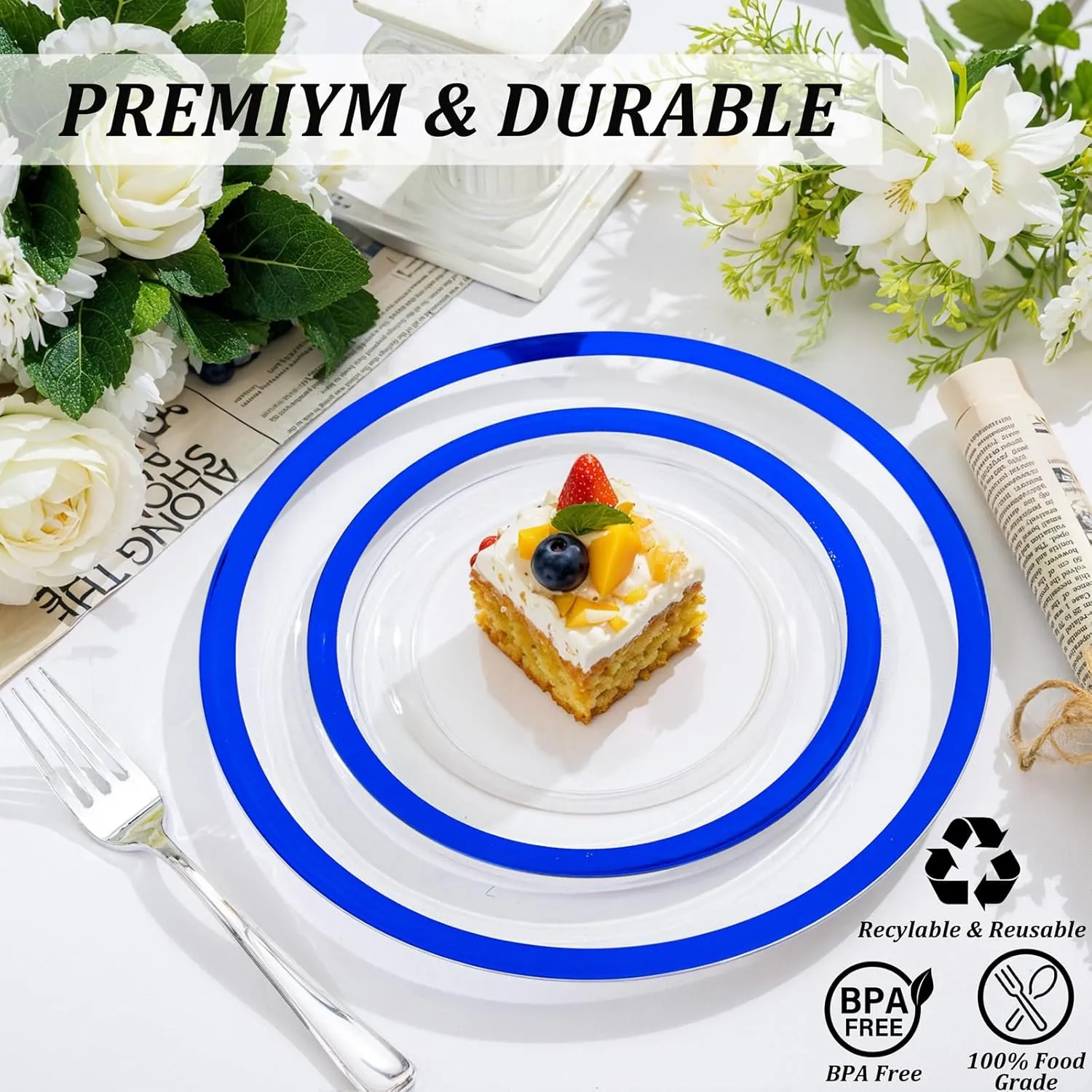 U-QE 120pcs Royal Blue Plastic Plates - Clear Disposable Plates Heavy Duty - Includes 60 10" Dinner & 60 7" Dessert Plates for Party, Birthday and Memorial Day