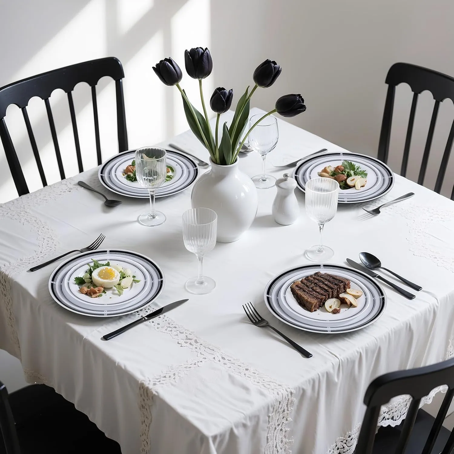 U-QE 20Pcs Black Plastic Plates - Black and White Plates Disposable Heavy Duty, Fancy Rim Pattern Perfect for Weddings, Tea Parties, Holidays - 10.25" Dinner Plate & 7.5" Dessert Plate