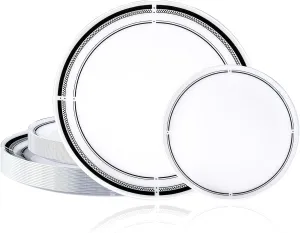 U-QE 20Pcs Black Plastic Plates - Black and White Plates Disposable Heavy Duty, Fancy Rim Pattern Perfect for Weddings, Tea Parties, Holidays - 10.25" Dinner Plate & 7.5" Dessert Plate