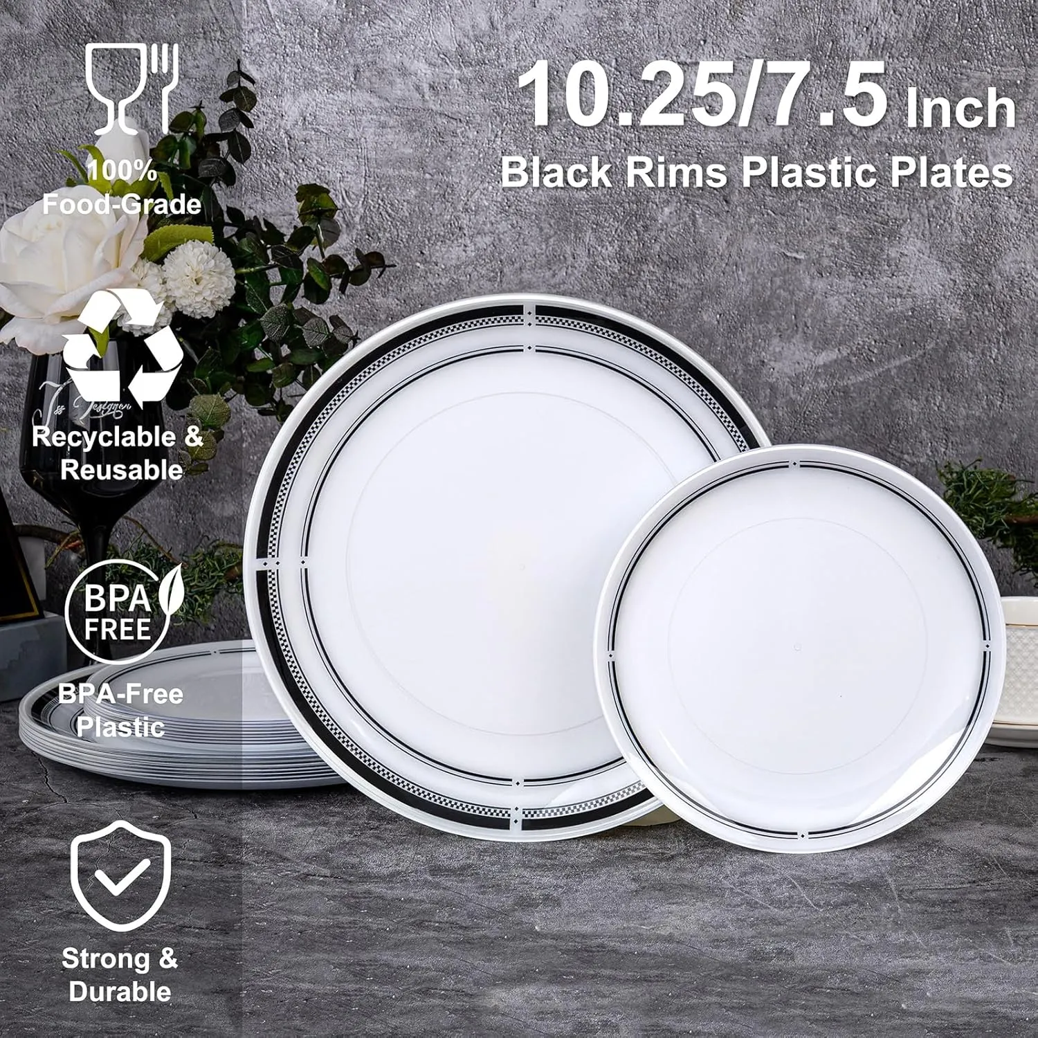 U-QE 20Pcs Black Plastic Plates - Black and White Plates Disposable Heavy Duty, Fancy Rim Pattern Perfect for Weddings, Tea Parties, Holidays - 10.25" Dinner Plate & 7.5" Dessert Plate