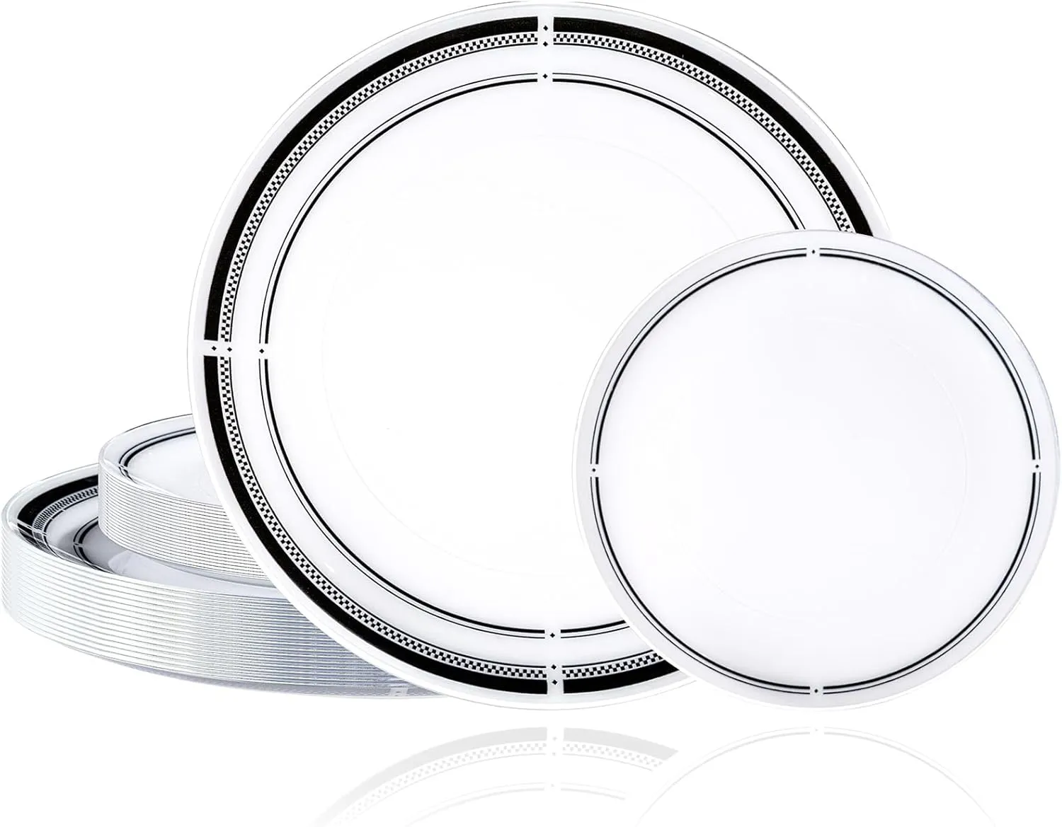 U-QE 20Pcs Black Plastic Plates - Black and White Plates Disposable Heavy Duty, Fancy Rim Pattern Perfect for Weddings, Tea Parties, Holidays - 10.25" Dinner Plate & 7.5" Dessert Plate