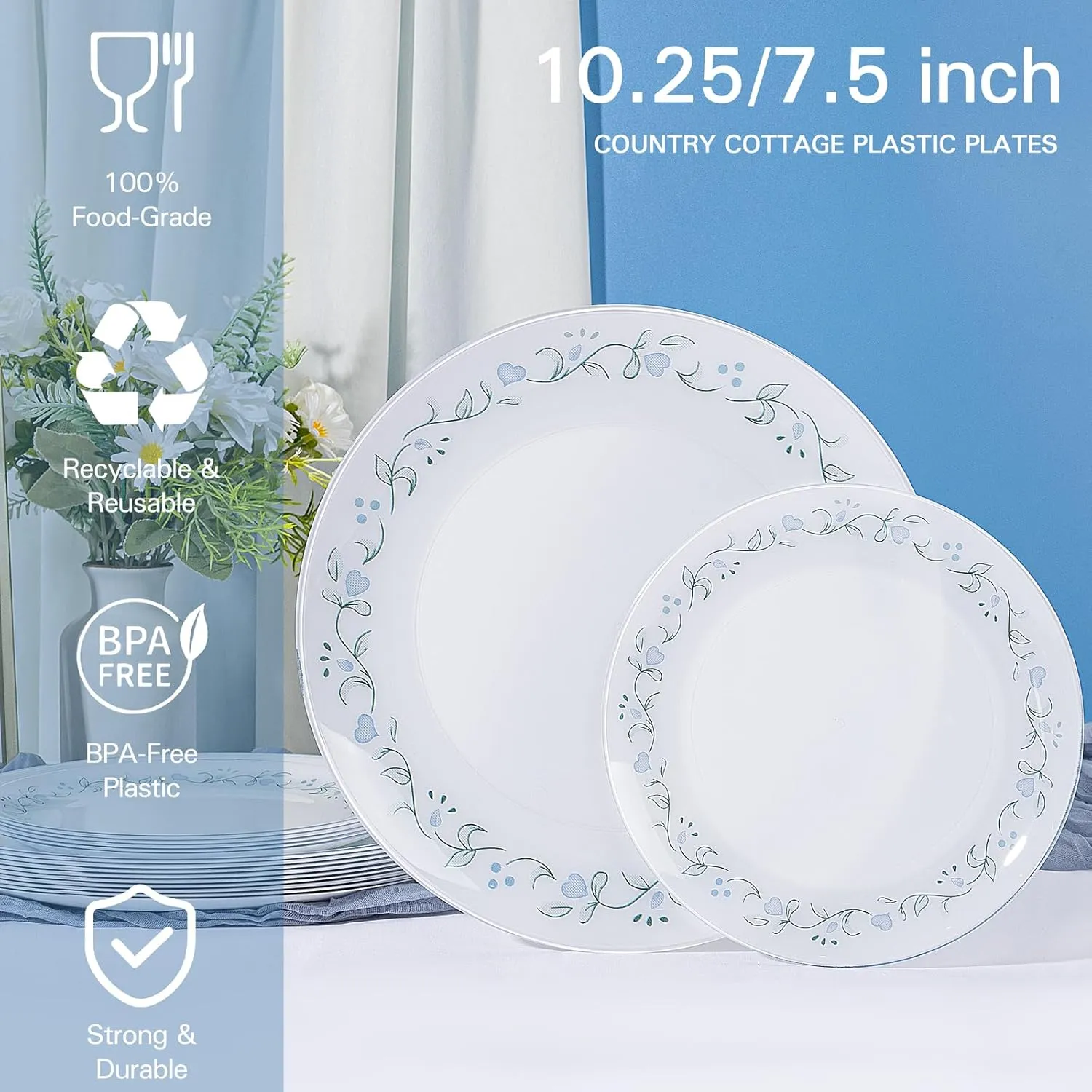 U-QE 20Pcs Floral Plastic Plates - Spring Floral Plates Disposable Heavy Duty, Fancy Flower Pattern Perfect for Weddings, Tea Parties, Holidays - 10.25" Dinner Plate & 7.5" Dessert Plate