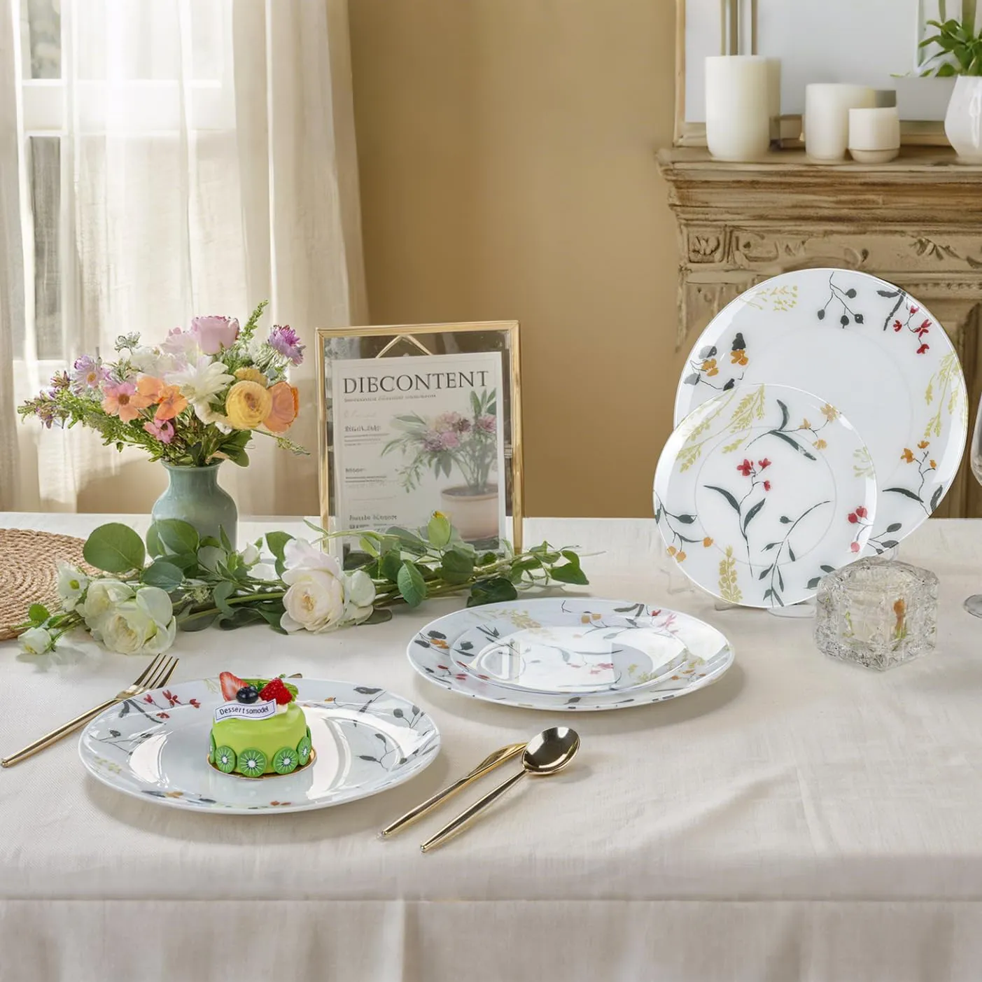 U-QE 20Pcs Wildflower Plastic Plates - Spring Floral Plates Disposable Heavy Duty, Fancy Floral Pattern Perfect for Weddings, Tea Parties, Holidays - 10.25" Dinner Plate & 7.5" Dessert Plate